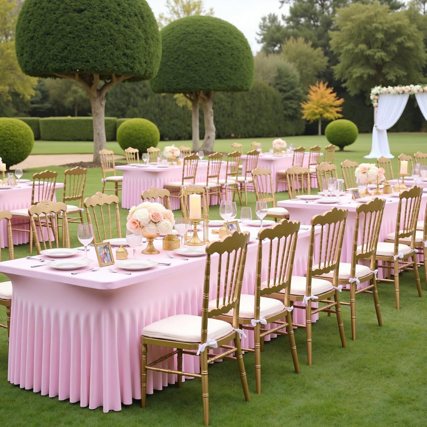 6 pk Baby Pink Spandex Tablecloth 8ft With Ruffled Table Skirt, Wrinkle Free Stretchy Fitted Tablecloths for 8 Foot Rectangle Tables, Elastic Spandex Table Covers for Weddings Parties Banquet