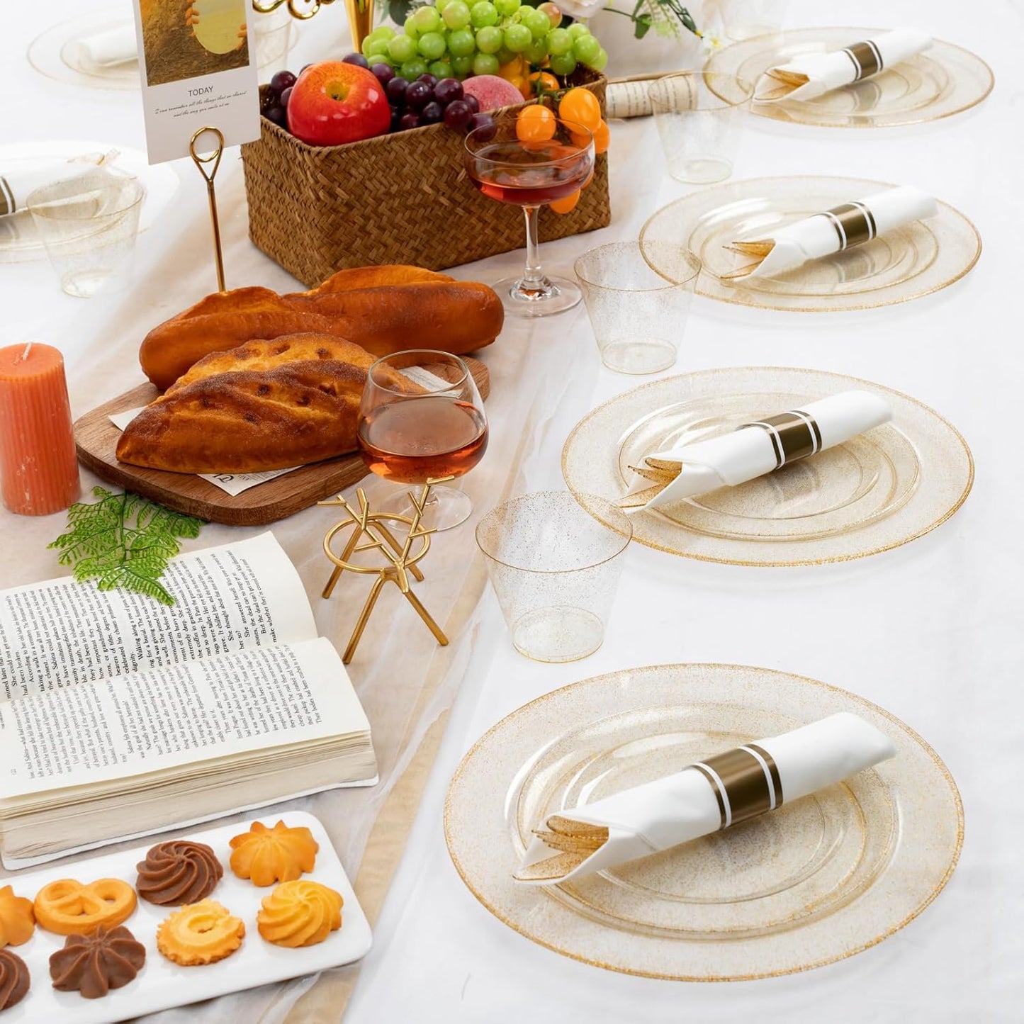 WELLIFE 210Pcs Gold Glitter Dinnerware Set, Gold Glitter Disposable Dinnerware for 30 Guests, Include: 30Dinner Plates, 30Dessert Plates, 90Gold Glitter Silverware, 30 Cups, 30 Paper Napkins