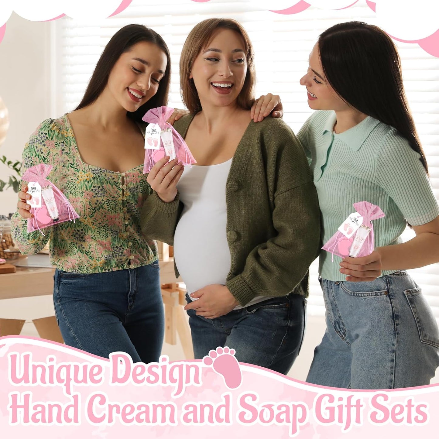 25 Sets Baby Shower Favors for Guests Hand Cream Baby Feet Scented Soap Party Favors Pink Baby Shower Guests Gifts with Organza Bags and Thanks Tags for Baby Shower Wedding Party