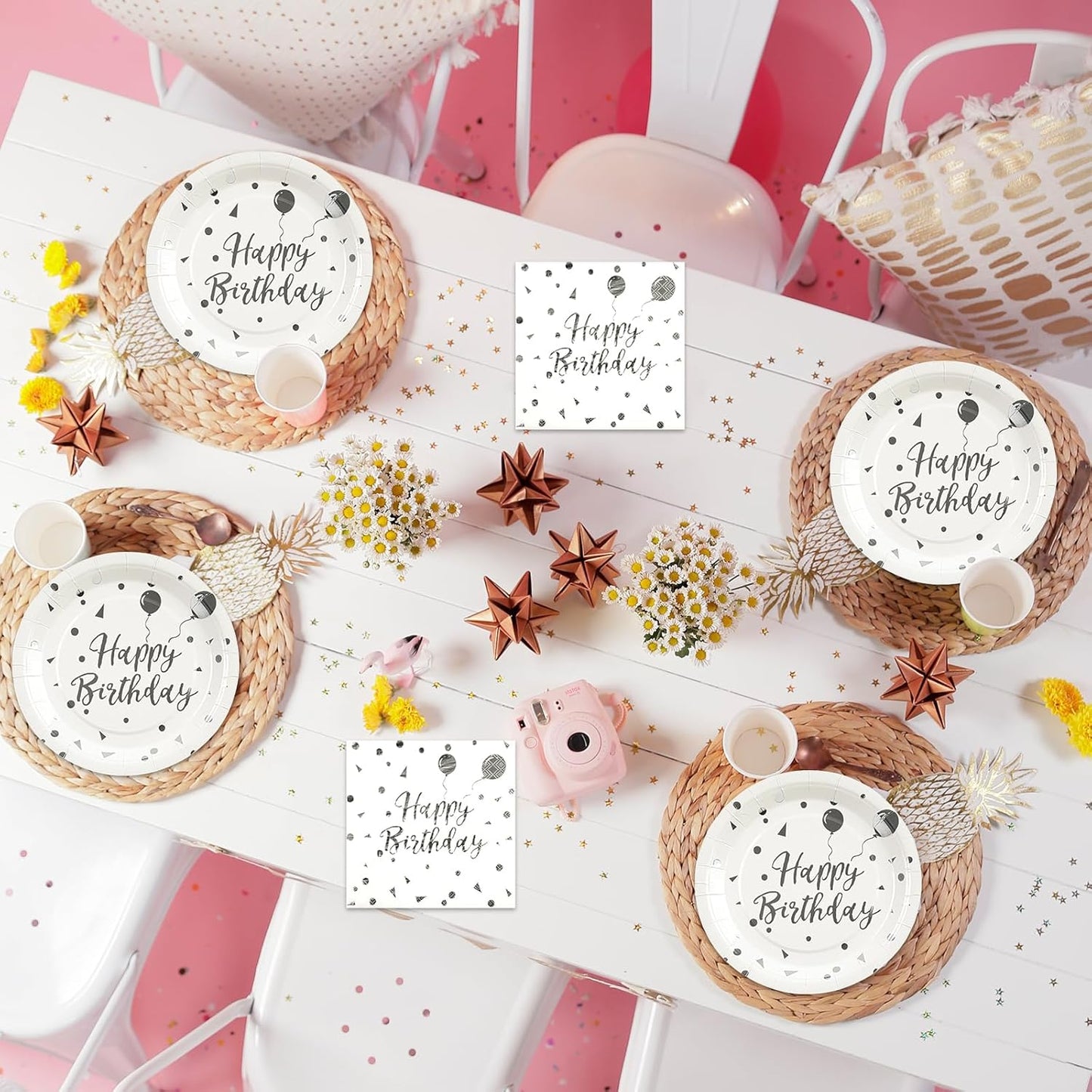 75PCS Happy Birthday Paper Plates - 7 Inch White Sliver Dot Paper Plates and 6.5 Inch Napkins with 6.3 Inch Sliver Forks Disposable Tableware Set for Birthday Party Decorations, Serve 25