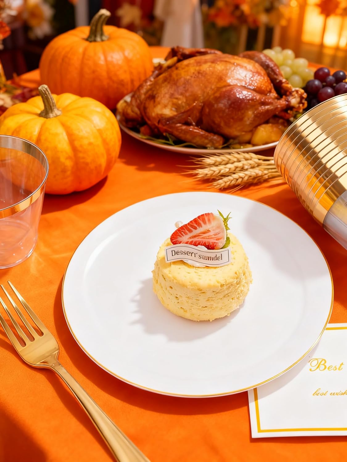 WDF 300PCS White and Gold Plates - Wedding Plastic Dinnerware Set for 50 Guests Include 50 Dinner & 50 Cake Plates, 50 Cutlery, 50 Cups for Wedding, Birthday, Thanksgiving Party