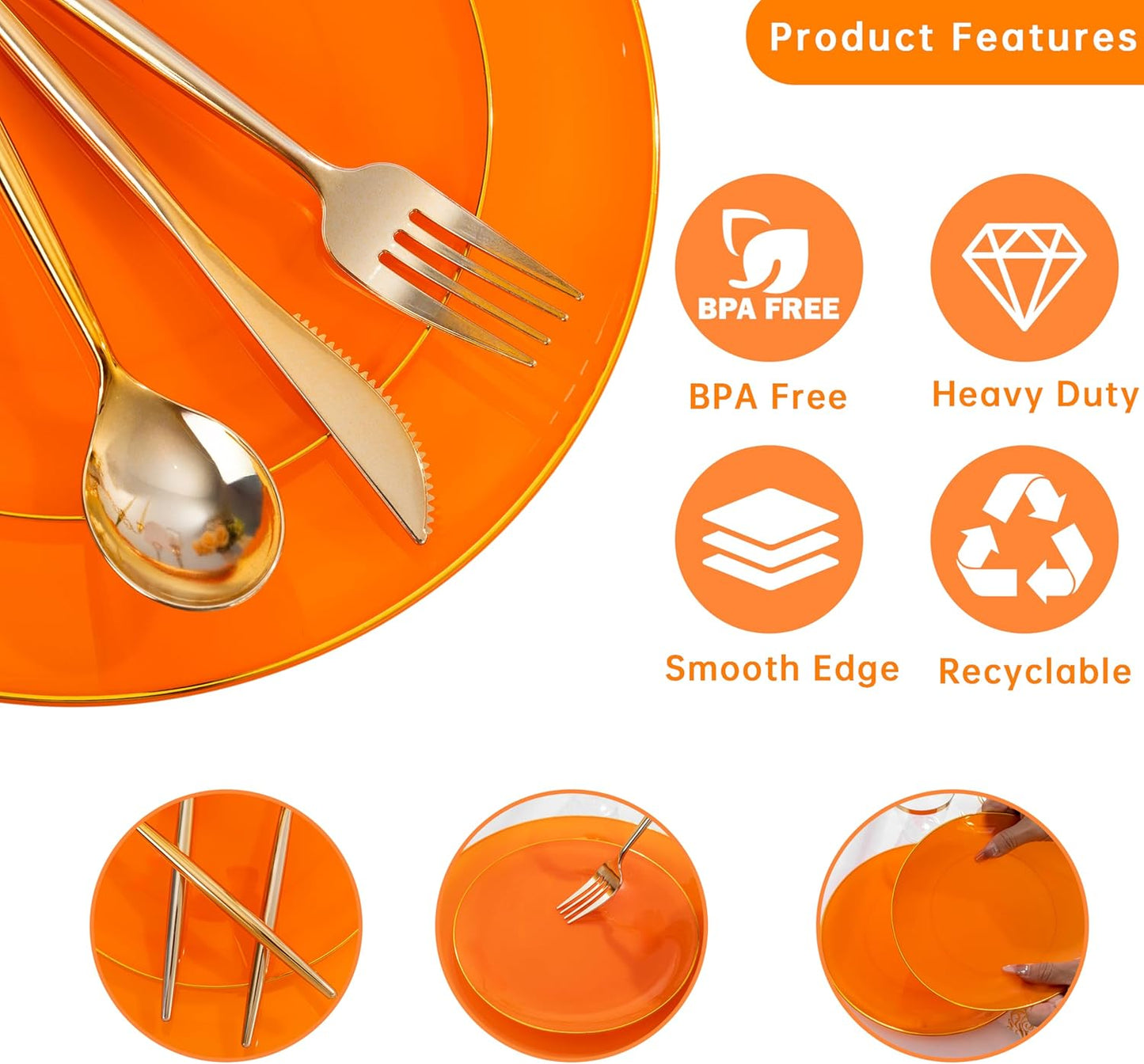 MirthMood 210PCS Orange Plastic Plates,Thanksgiving plastic Dinner Plates– Plastic Plates Set Includes 30 Dinner,30 Dessert Plate,30 Cup&50 Napkins, 30 orange Silverware for Wedding & Birthday Parties
