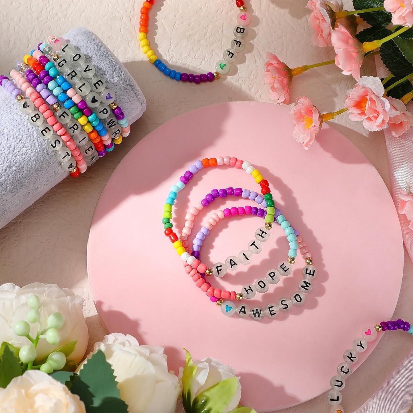 Cunno 36 Pcs Kids Friendship Bracelets for Girls Women Beads Bracelets Surfer Stretch Beaded Cute Colorful jewelry for Birthday Goodie Bag Stuffers Fillers School Gifts Party Favors(Delicate Style)