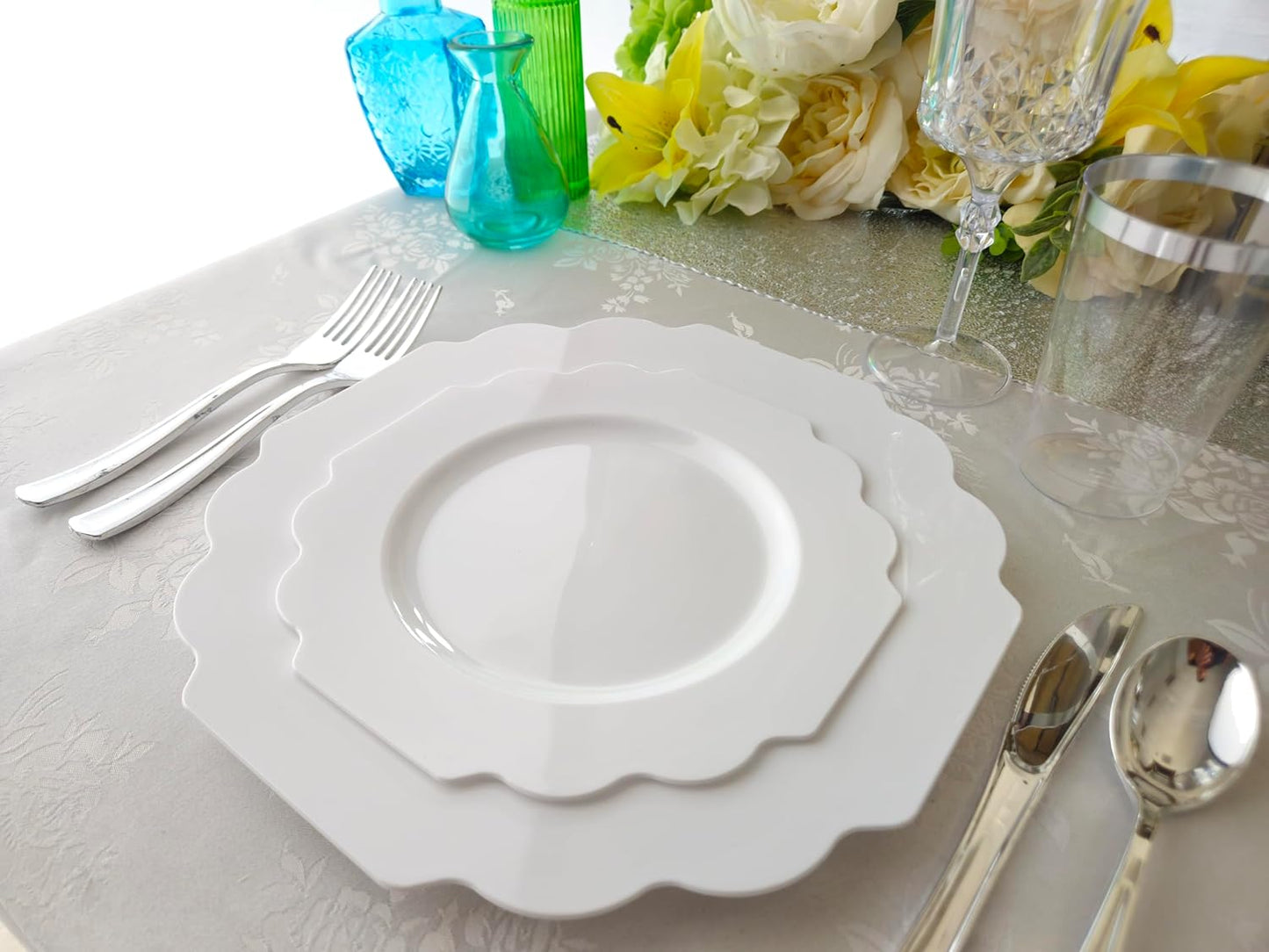 " OCCASIONS " 50 Plates Pack (25 Guests)-Heavyweight Wedding Party Disposable Plastic Plate Set -(25x10.5'' Dinner + 25x8'' Salad/Dessert) (Imperial in White)