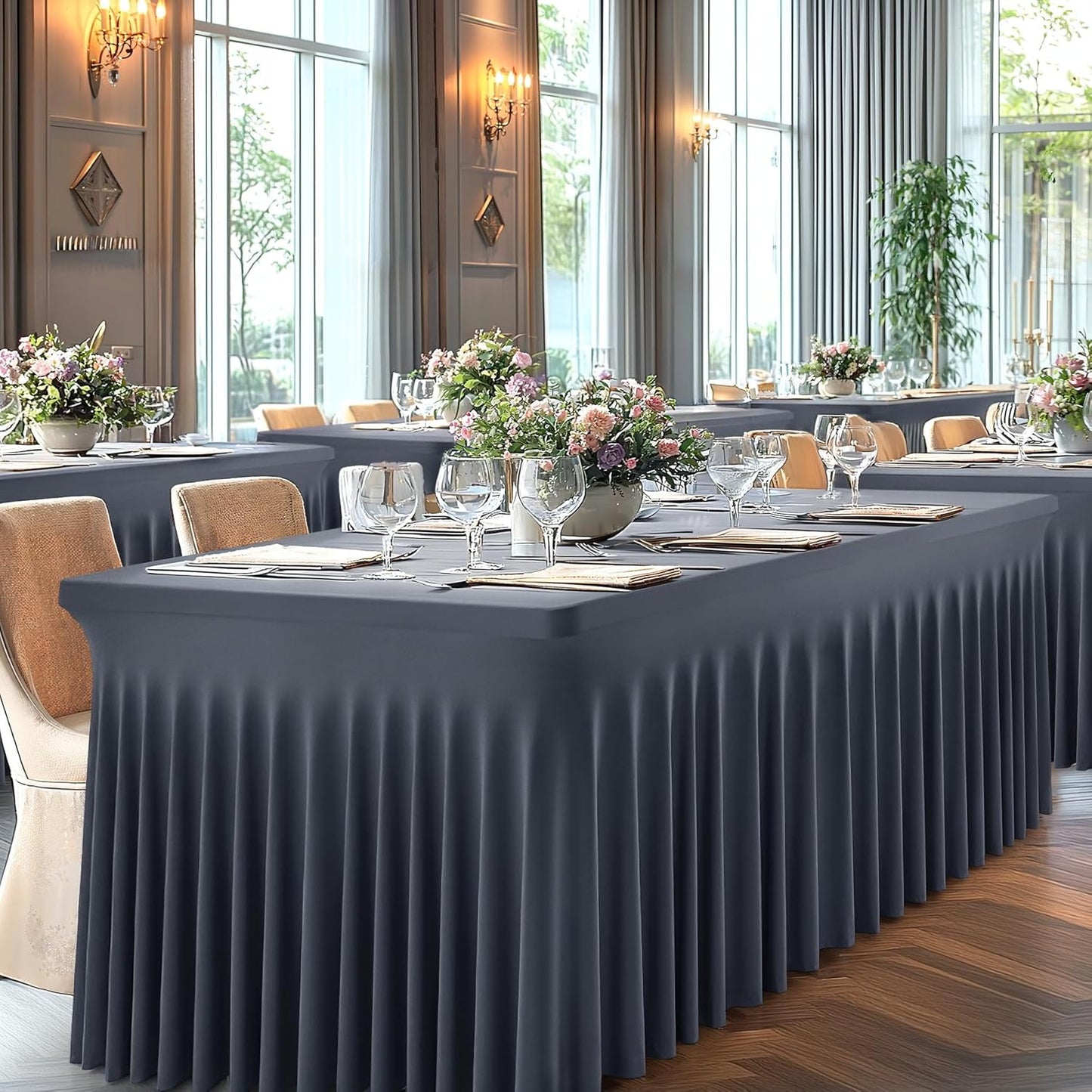1 Pack Grey Table Clothes for 6 Foot Rectangle Tables, One-Piece Wrinkle Resistant Stretch Spandex Table Covers with Skirt for Event Banquet Wedding Birthday Party