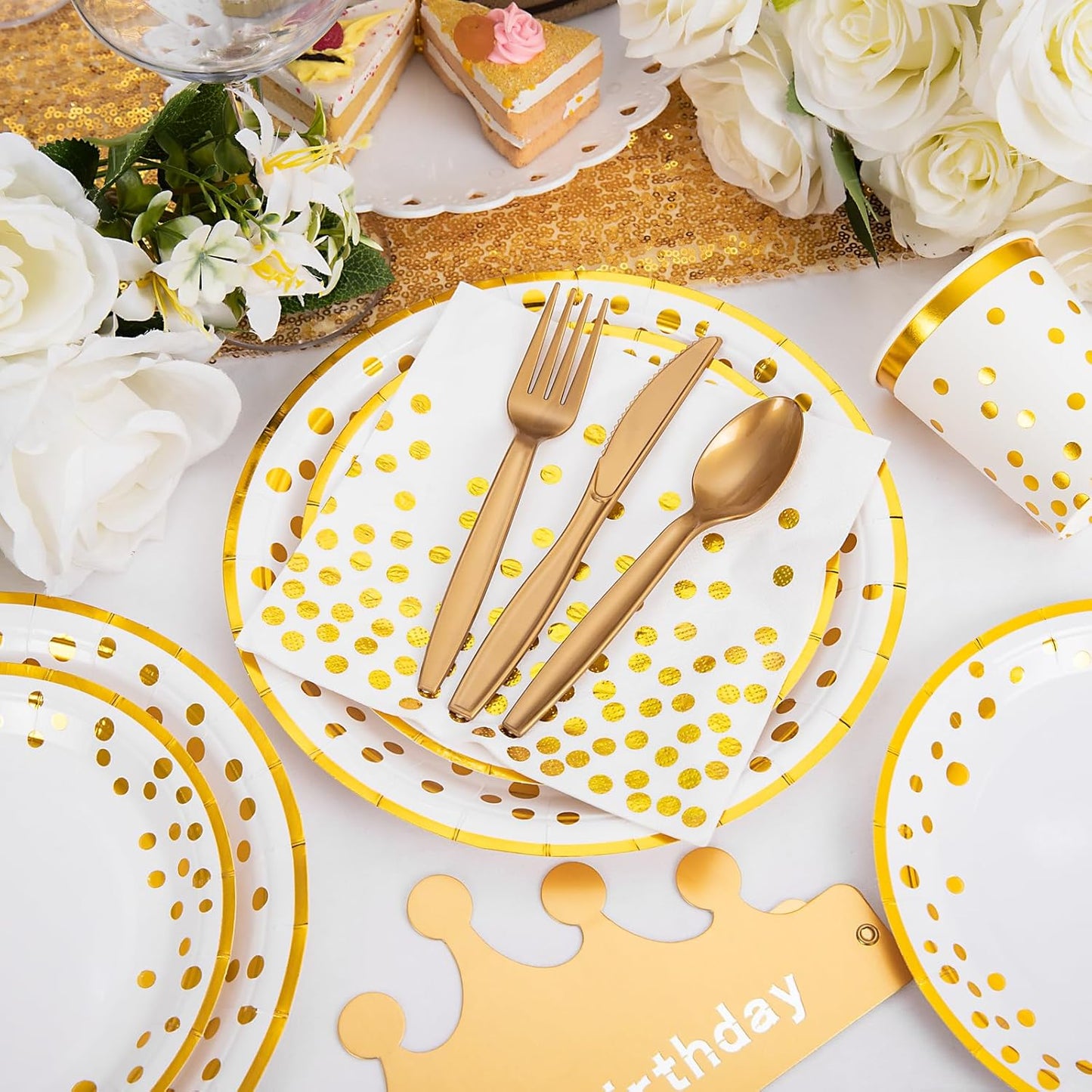 Supernal 350pcs White and Gold Plates & Napkins Party Supplies,10inch Birthday Plates 7inch White and Gold Paper Plates Gold Plastic Forks,Knives,Spoons,White Napkins Cups Served 50 Guest for Birthday