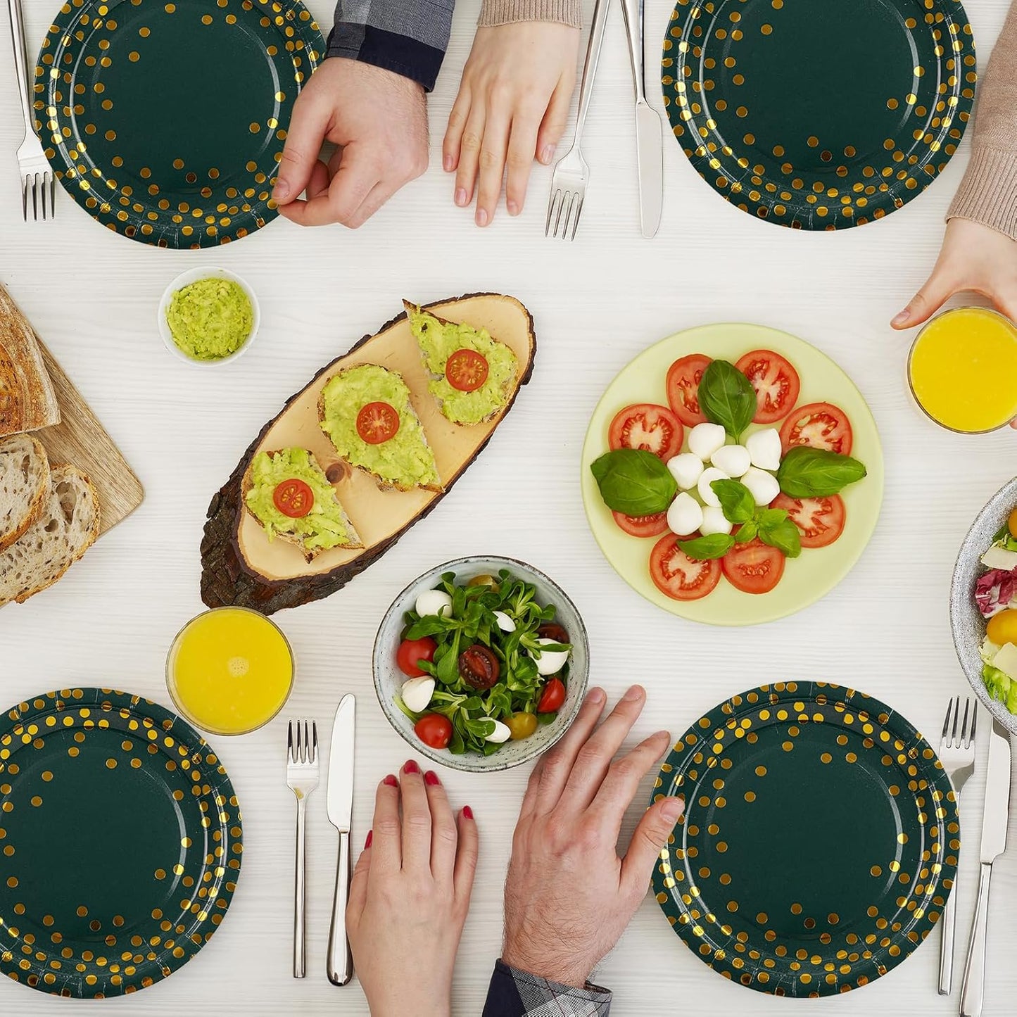 75PCS Paper Plates and Napkins Set - Green and Gold Dot Disposable Party Dinnerware Includes Paper Plates, Napkins, Forks Decorations for Father's Day Graduations Birthdays and Weddings, Serves 25