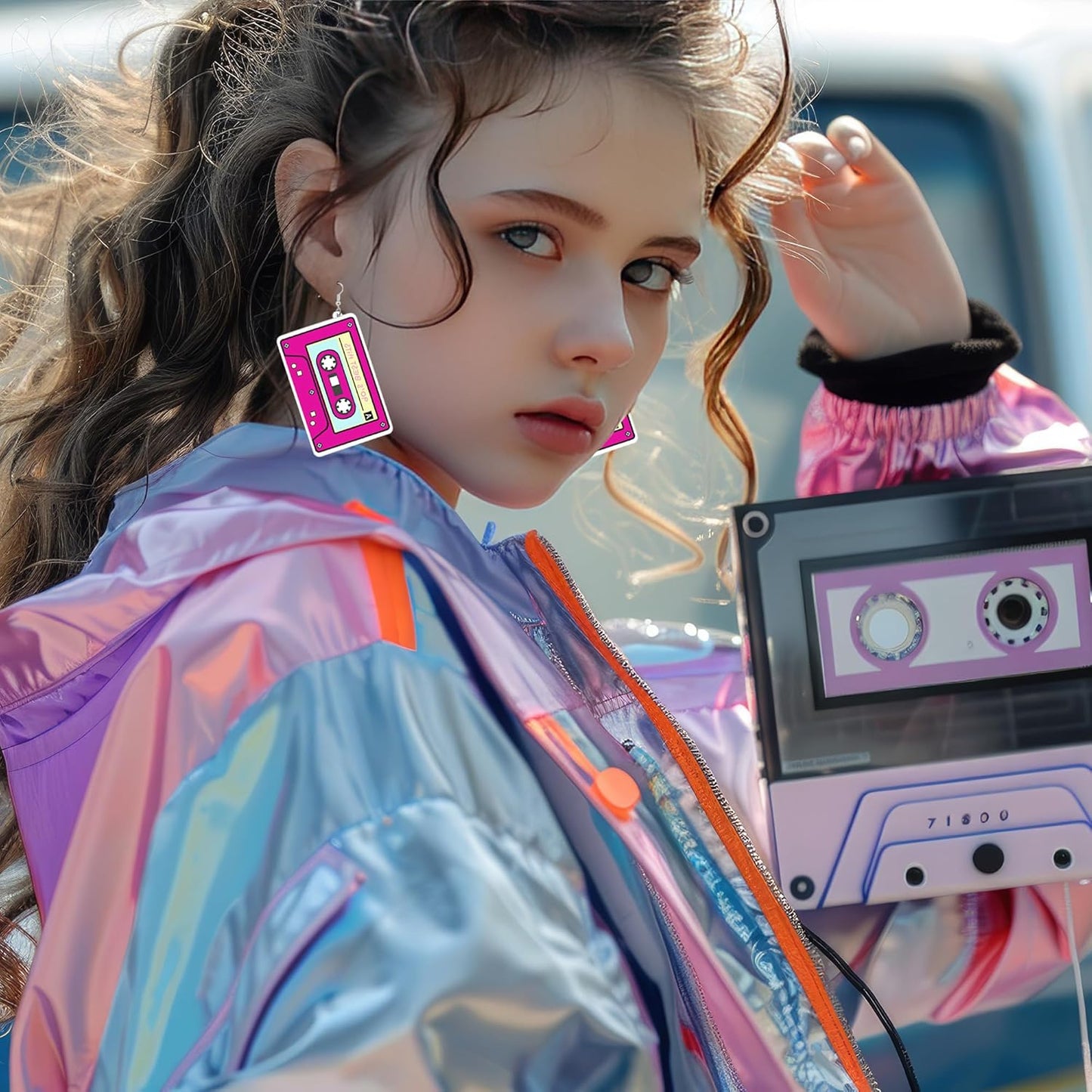 80s 90s Neon Earrings for Women Retro Cassette Tape Hoop Earring Candy Color Lightweight Acrylic Stud Dangle Earrings for 80S Costume Outfits Dancing Glow Party Accessories