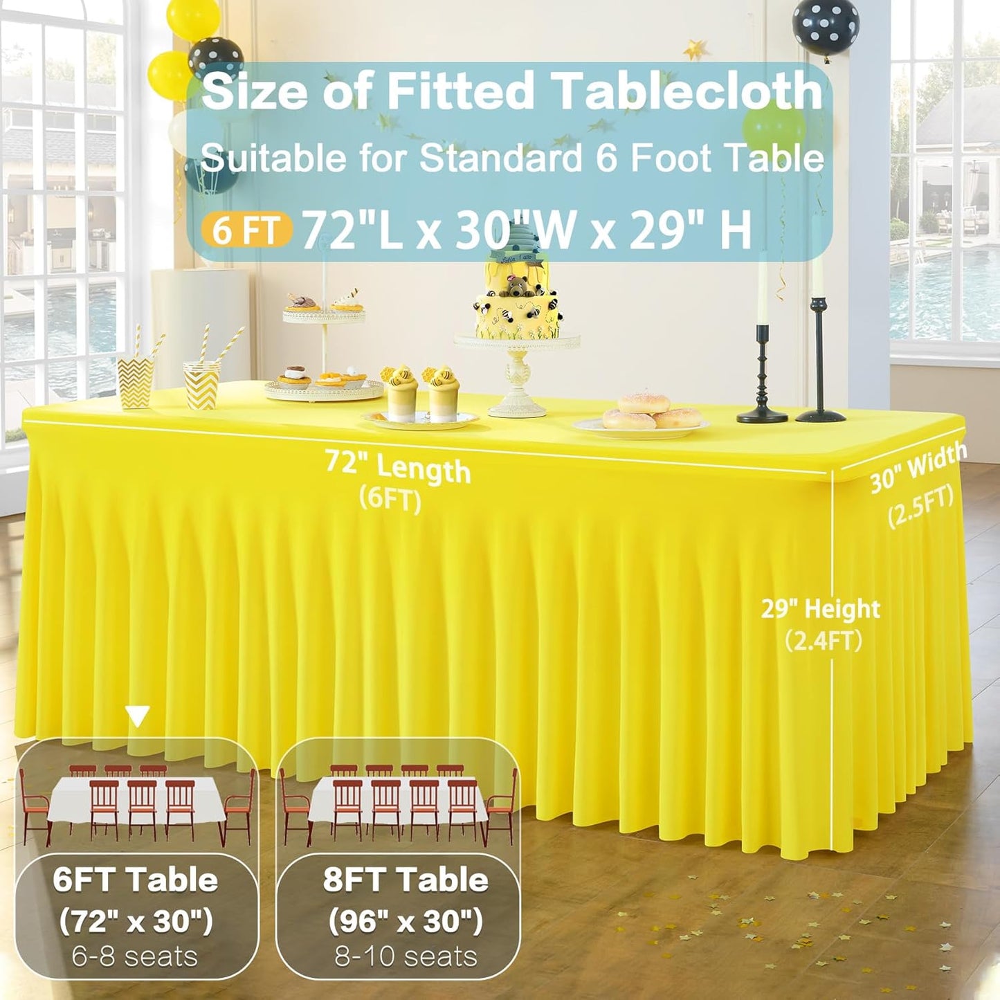 4 Pack Yellow Spandex Tablecloths for 6 Foot Rectangle Tables, Wrinkle Free Lemon Fitted Tablecover 6ft Stretchy Table Clothes Desk Skirt for Weddings Birthday Party Banquet Baby Shower
