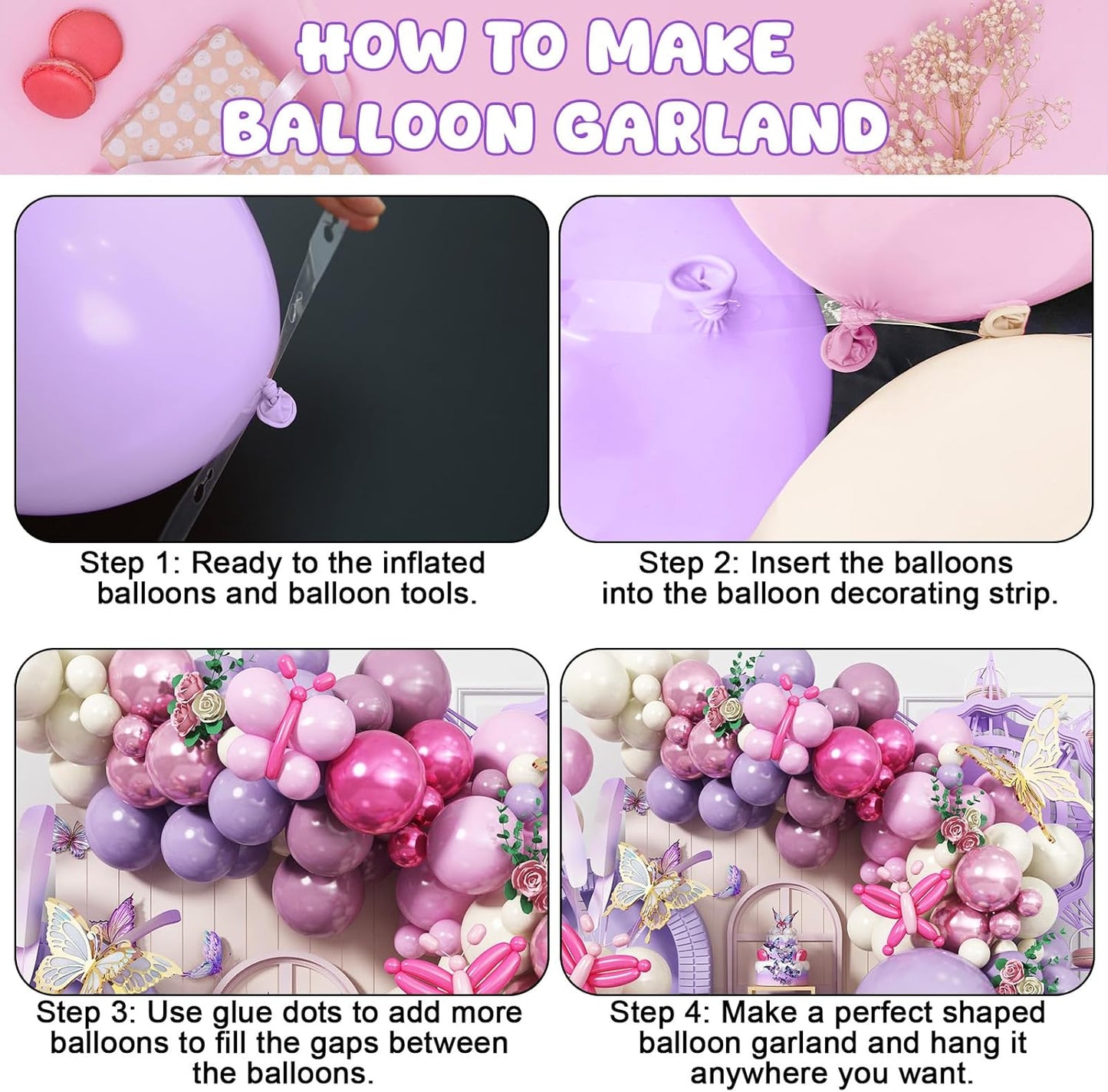 Butterfly Balloon Arch Kit, 135 PC Purple and Purple Butterfly Fairy Birthday Balloons Garland, Metallic Pink Cream Balloons Foil Balloons, Fairy Theme Baby Shower Birthday Decorations for Girls