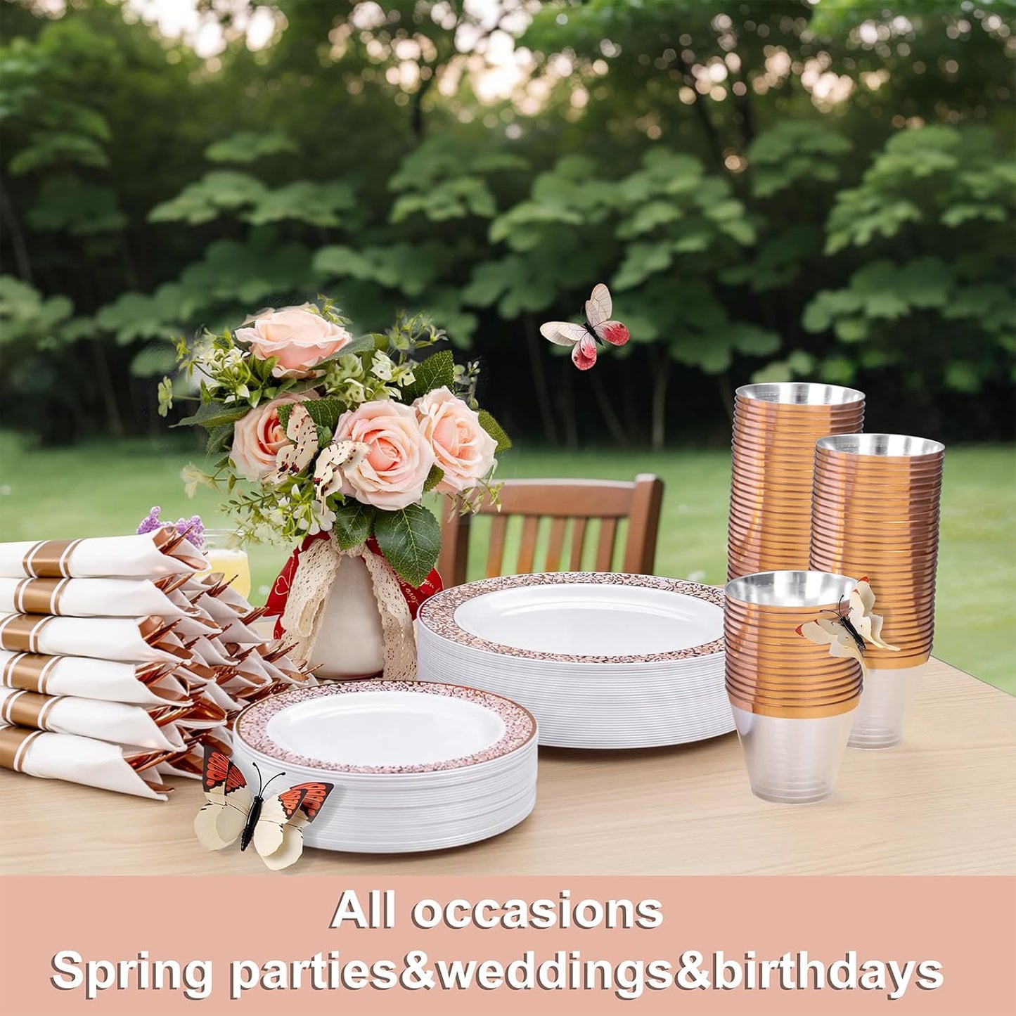 WELLIFE 350 PCS Rose Gold Disposable Dinnerware Set for 50 Guests, Disposable Rose Gold Lace Plates, Include:50 Dinner Plate, 50 Dessert Plates, 50 Pre Rolled Napkins with Silverware and 50 Cups