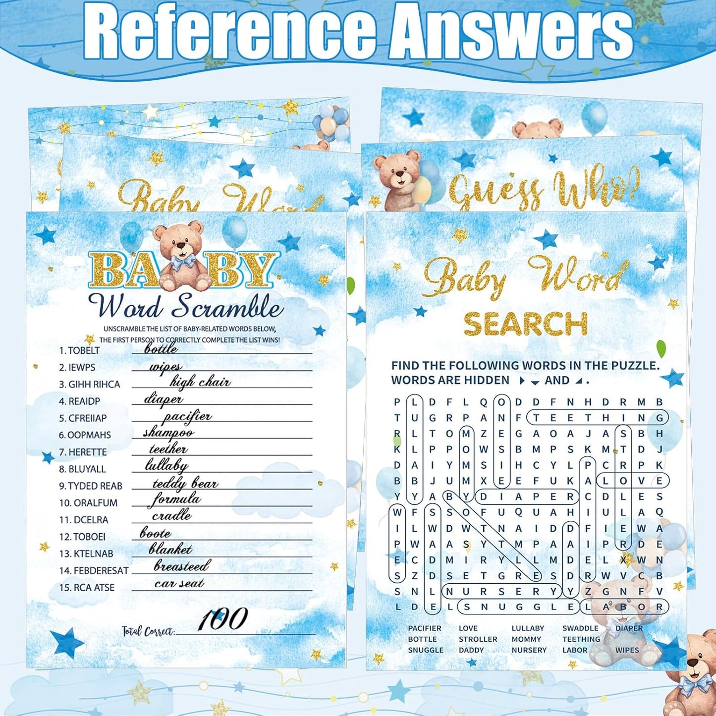 426 Pcs Bear Baby Shower Games Set-8 Games, Includes Baby Shower Bingo, Price is Right, Guess Who, Word Scramble, Prediction and Advice, How Big is Mommy's Belly, Don't Say The Words