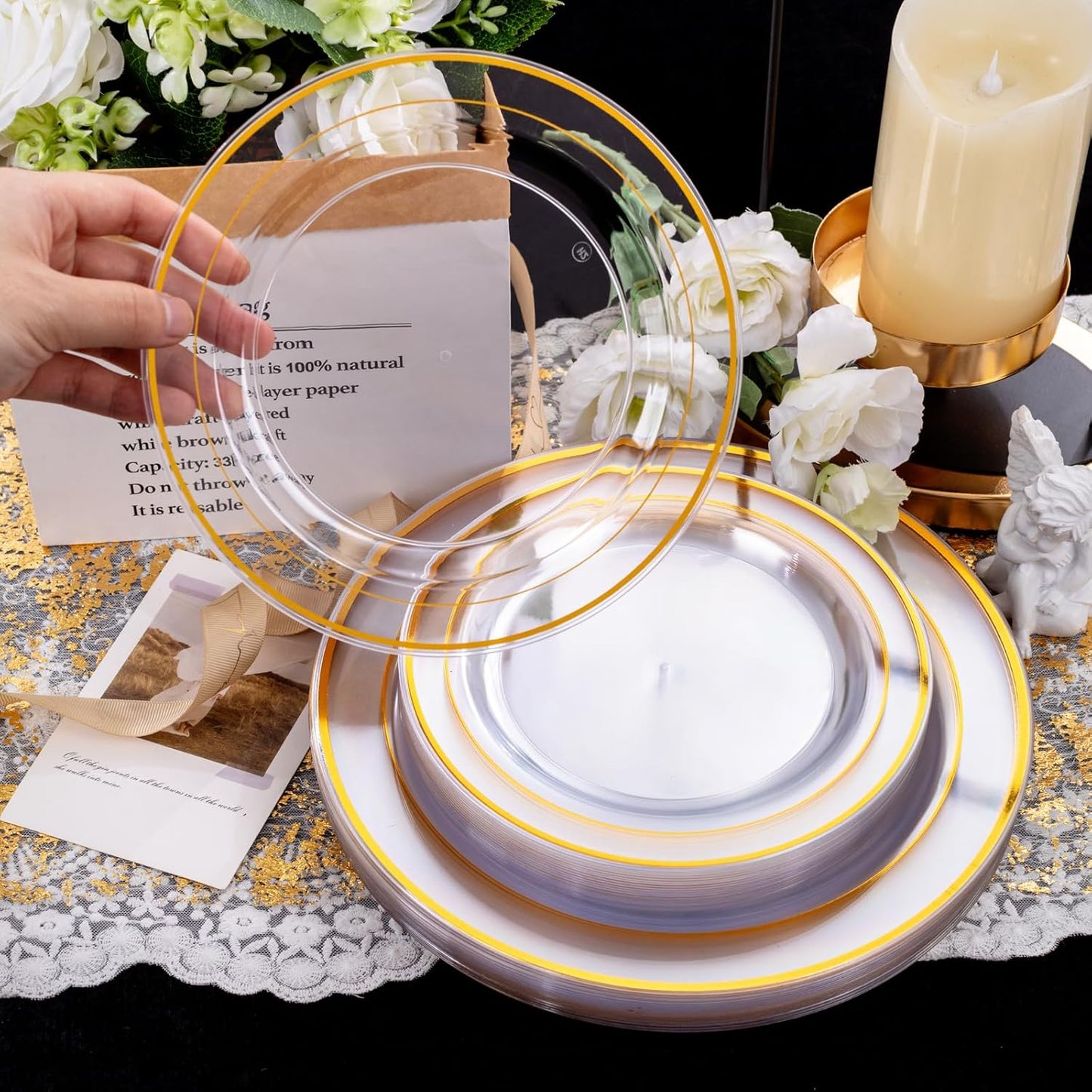 I00000 210Pcs Clear Gold Plastic Plates for 30 Guests, Includes: 30 Dinner Plates, 30 Dessert Plates, 30 Gold Cups, 30 Rolled Napkins with Cutlery