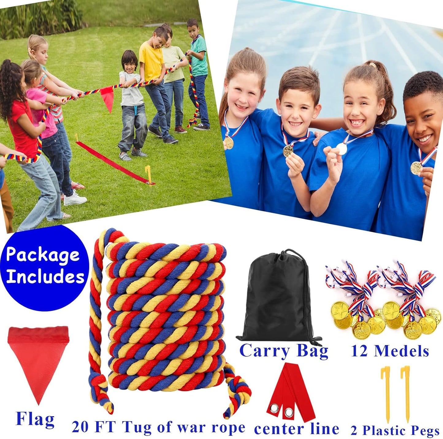 Field Day Tug of War Rope for Kids and Adults, Outdoor Lawn Yard Family Reunion Birthday Party Games, Outside Backyard Camping Picnic Games, Backyard Carnival Games Fun for Team Building Activities