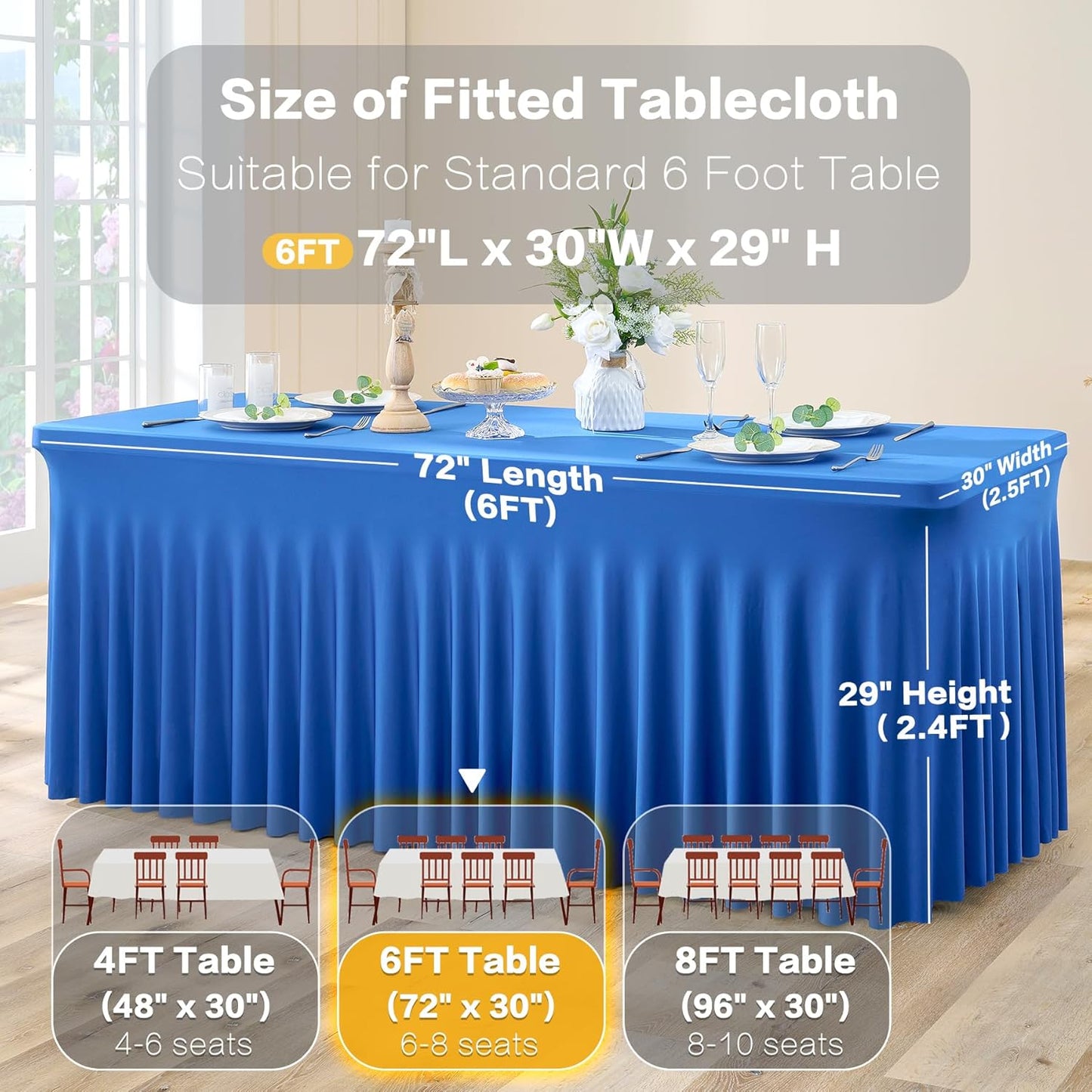 2 Pack Royal Blue Spandex Table Clothes for 6 Foot Rectangle Tables, Wrinkle Free Fitted Table Cover 6ft Stretchy Tablecloths with Skirt for Parties Weddings Birthday Banquet Baby Shower