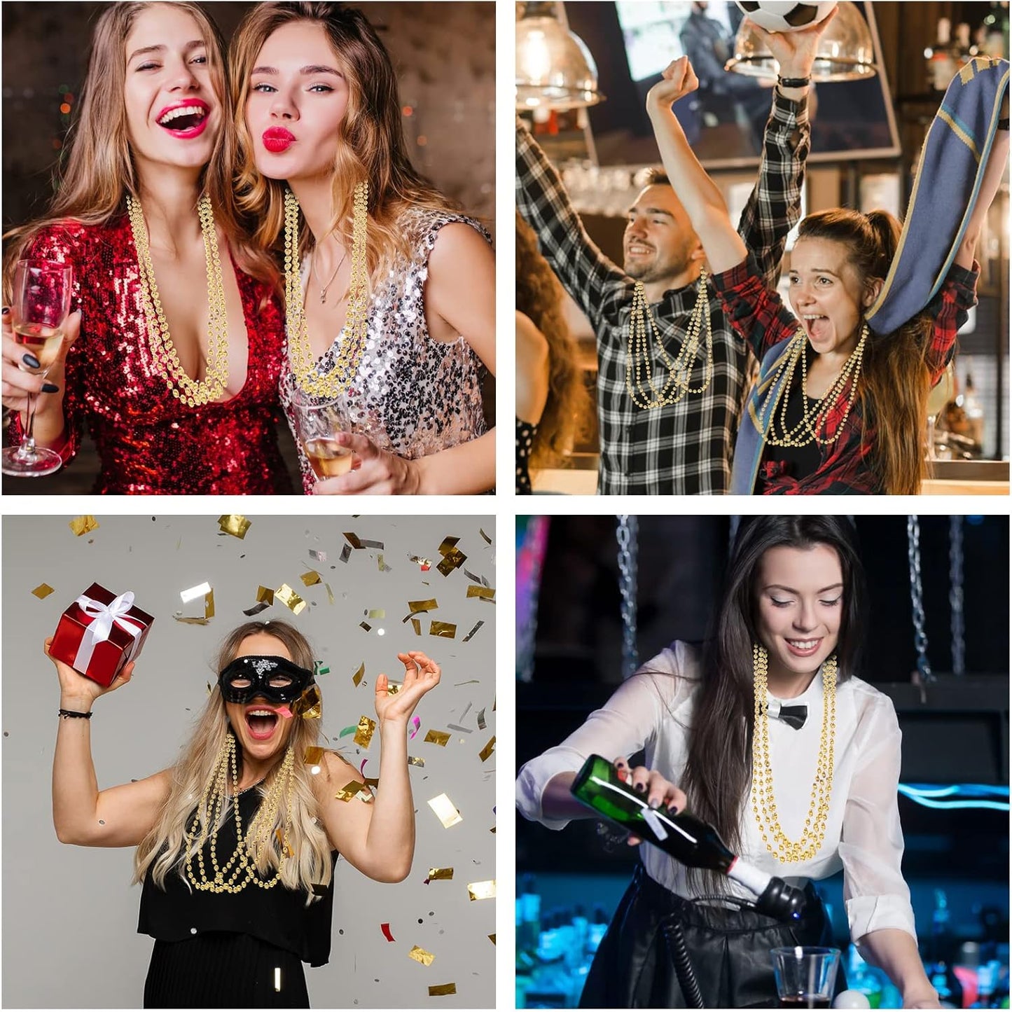 YAXINRUI 24 PCS Gold Mardi Gras Beads, Gold Bead Necklaces, Christmas Bead Necklaces, 33 Inch Round Beaded Necklaces for Mardi Gras Party Christmas New Year Eve Festive Events, Party Favors