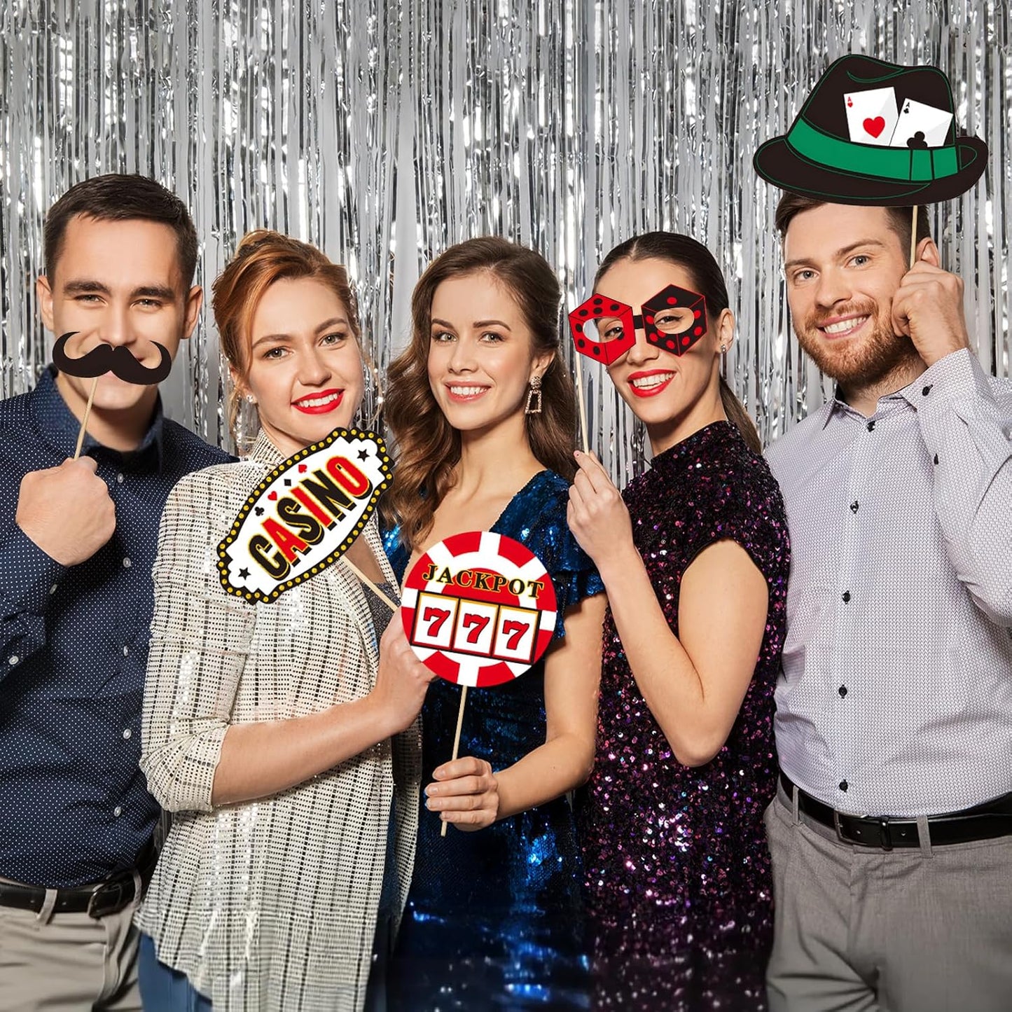 Casino Photo Booth Props, Tumwisk 24PCS Casino Theme Party Decorations, Vegas Themed Selfie Props with Stick for Texas Hold'em 777 Party, Funny Game Night Photography Props