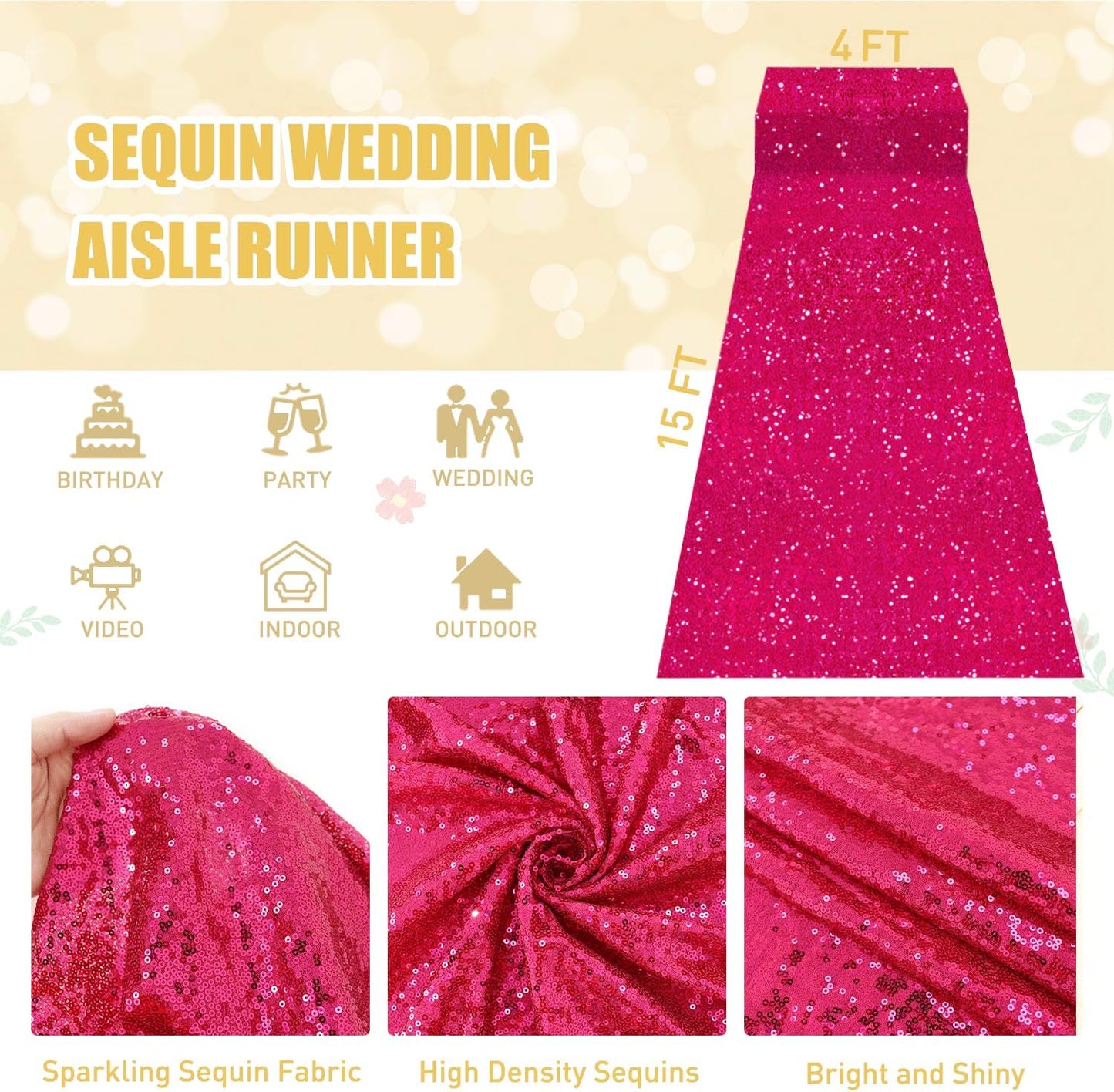 FUHSY Pink Aisle Runner for Wedding Ceremony Hot Pink Sequin Rug Runners 4FT x 15FT Party Carpet Runner Glitter Walkway Runner Wedding Aisle Decorations for Outdoor Indoor Church Prom Events