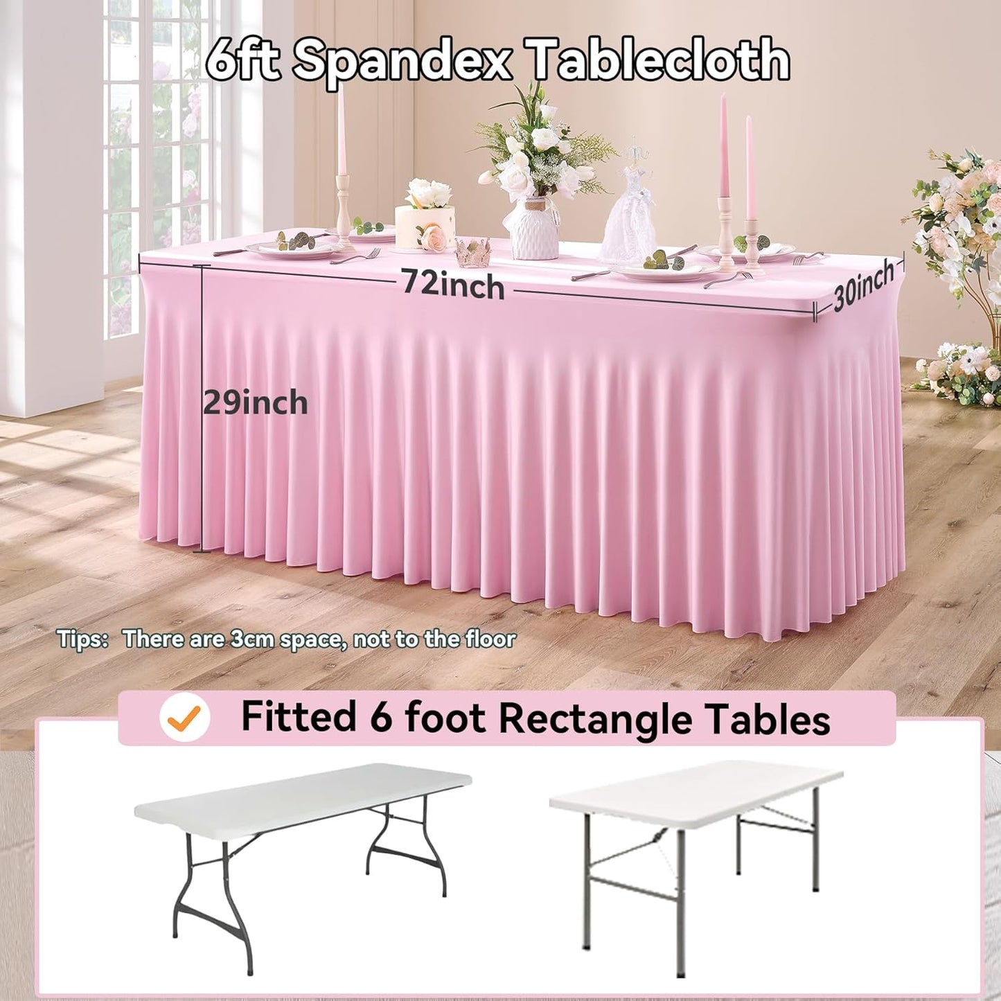 NSSONBEN 4 pk Baby Pink Spandex Tablecloth 6ft with Ruffle Table Skirt, Wrinkle Free Stretchy Fitted Tablecloths for 6 Foot Rectangle Tables, Elastic Spandex Table Covers for Weddings Parties Banquet