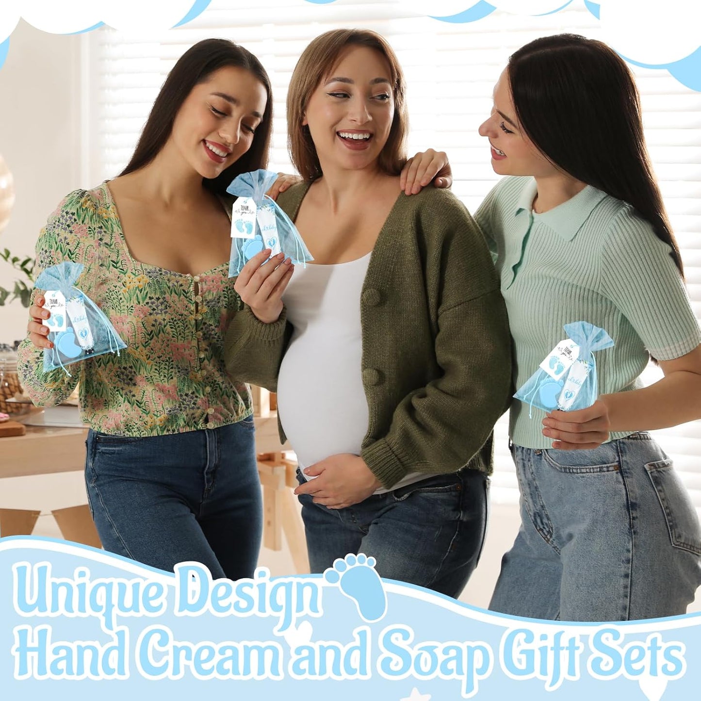 25 Sets Baby Shower Favors for Guests Hand Cream Baby Feet Scented Soap Party Favors Blue Baby Shower Guests Gifts with Organza Bags and Thanks Tags for Baby Shower Wedding Party