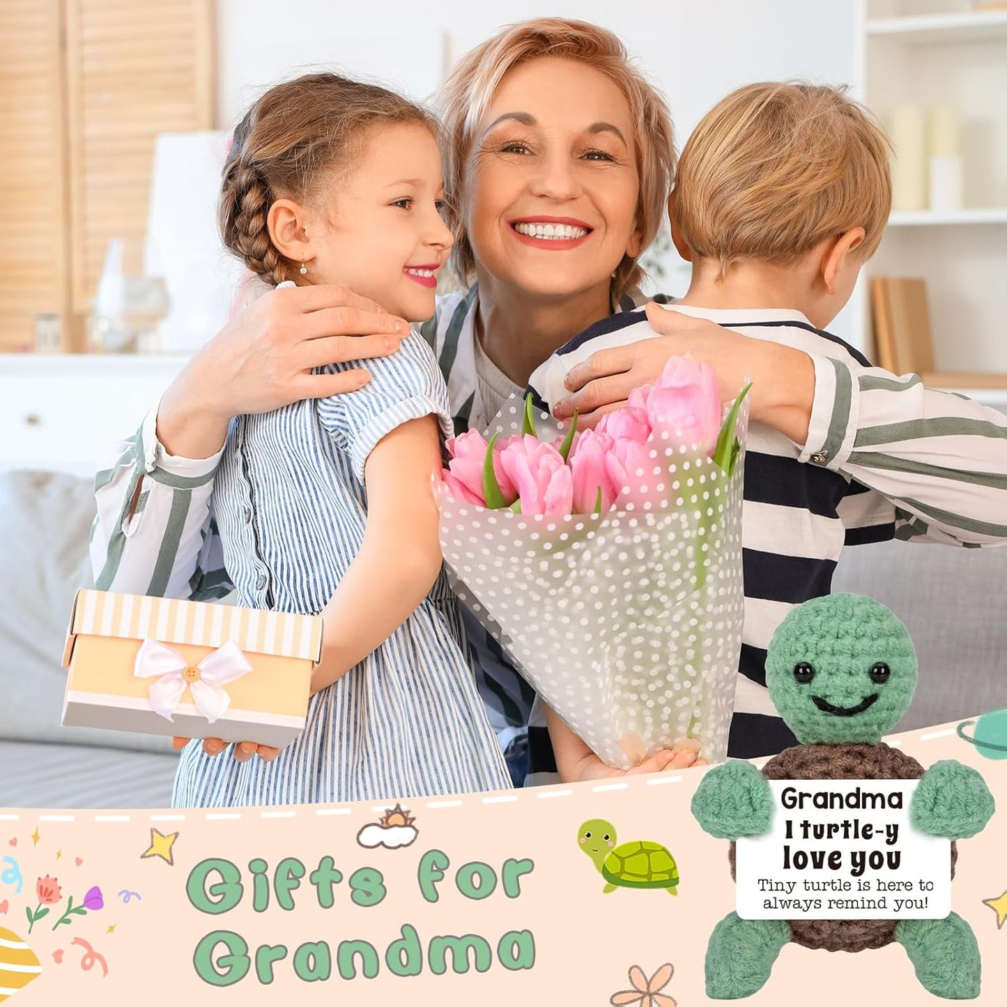 Mini Funny Turtle Grandma Gifts, Christmas Birthday Gifts for Grandma from Granddaughter Grandson Grandkids, Nana Gigi Love Small Cute Stuff Things, Handmade Emotional Positive Crochet Turtle