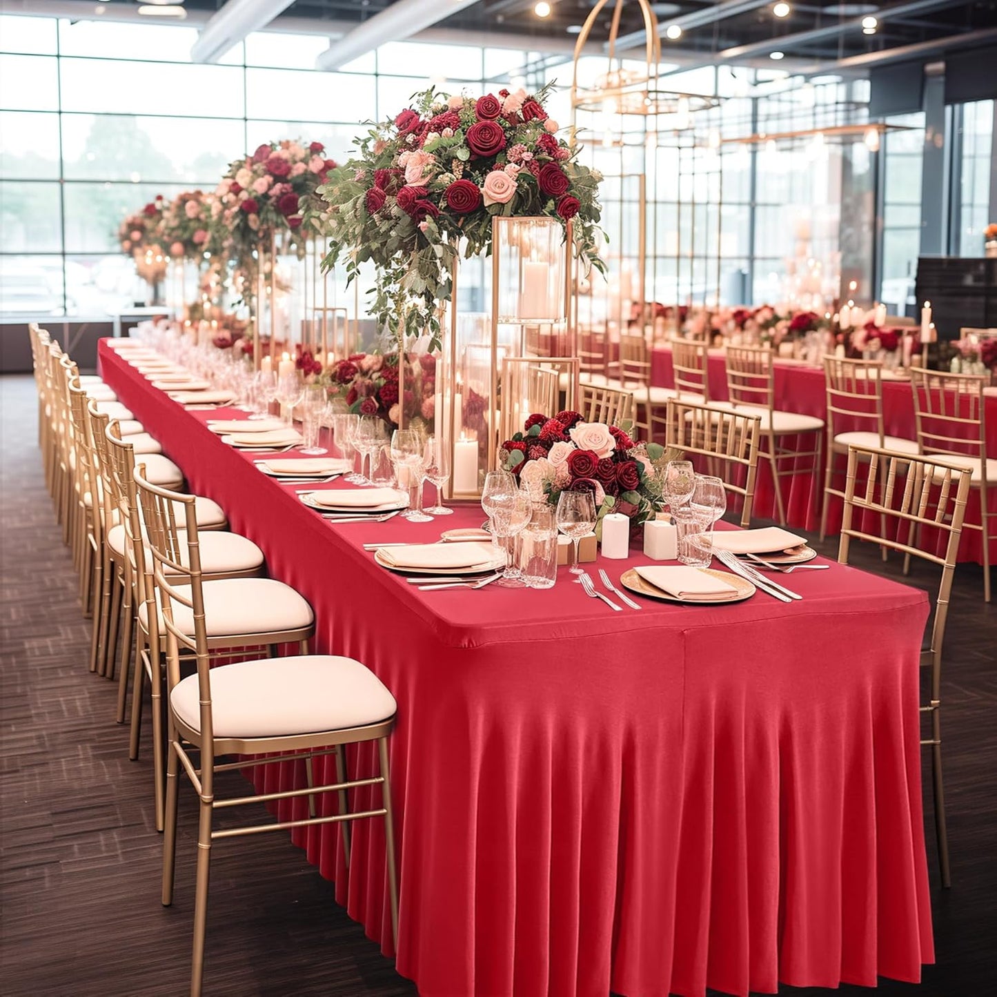 1 Pack Red Table Clothes for 4 Foot Rectangle Tables, One-Piece Wrinkle Resistant Stretch Spandex Table Covers Valentines Table Skirt for Event Banquet Wedding Birthday Party