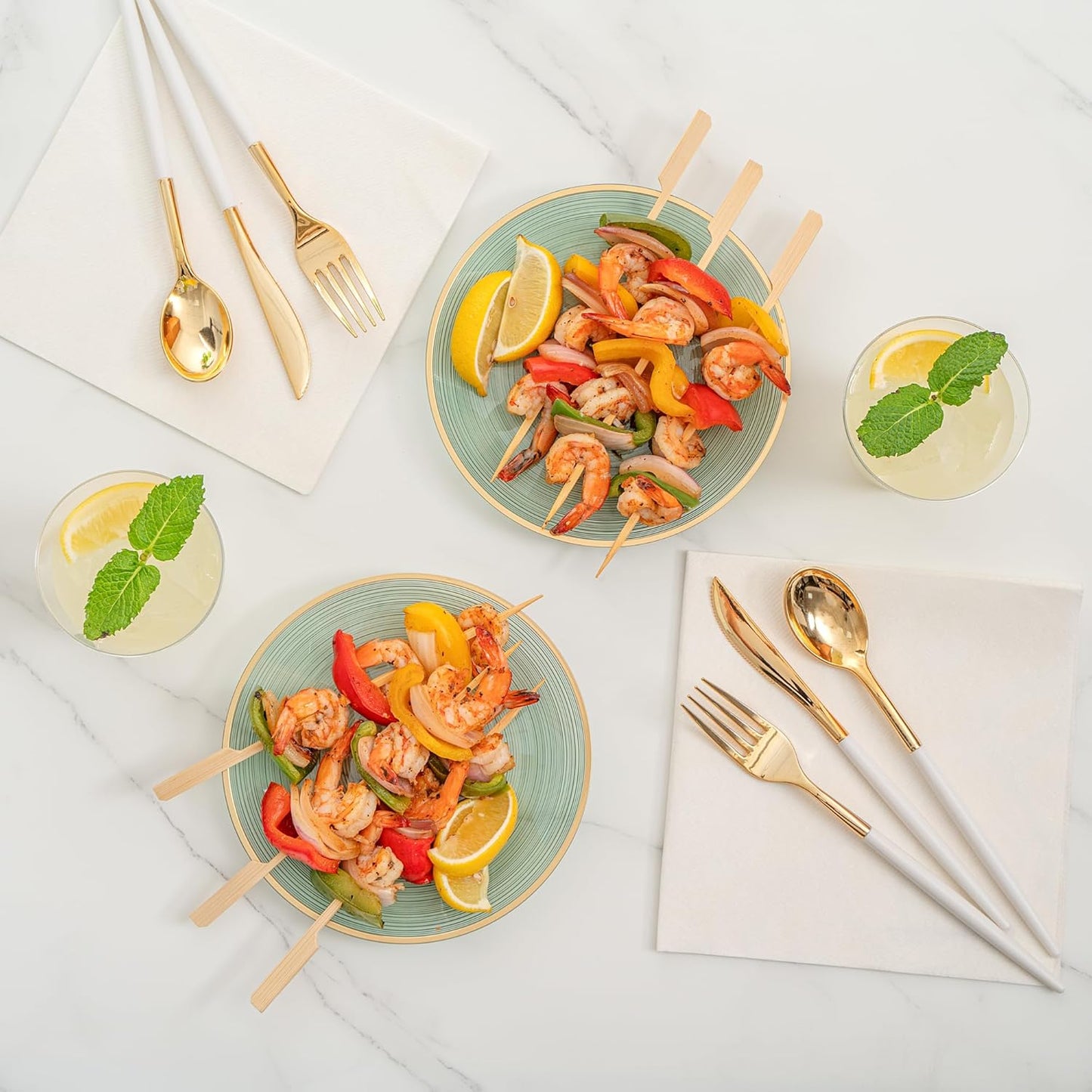 Restaurantware Plastic Plates 20 Pcs 7.25" Gold Rimmed Disposable Plates Heavy-Duty Green Translucent Rippled Plastic Dinner Servers for Party, Weddings, Salads, Desserts, and Appetizers