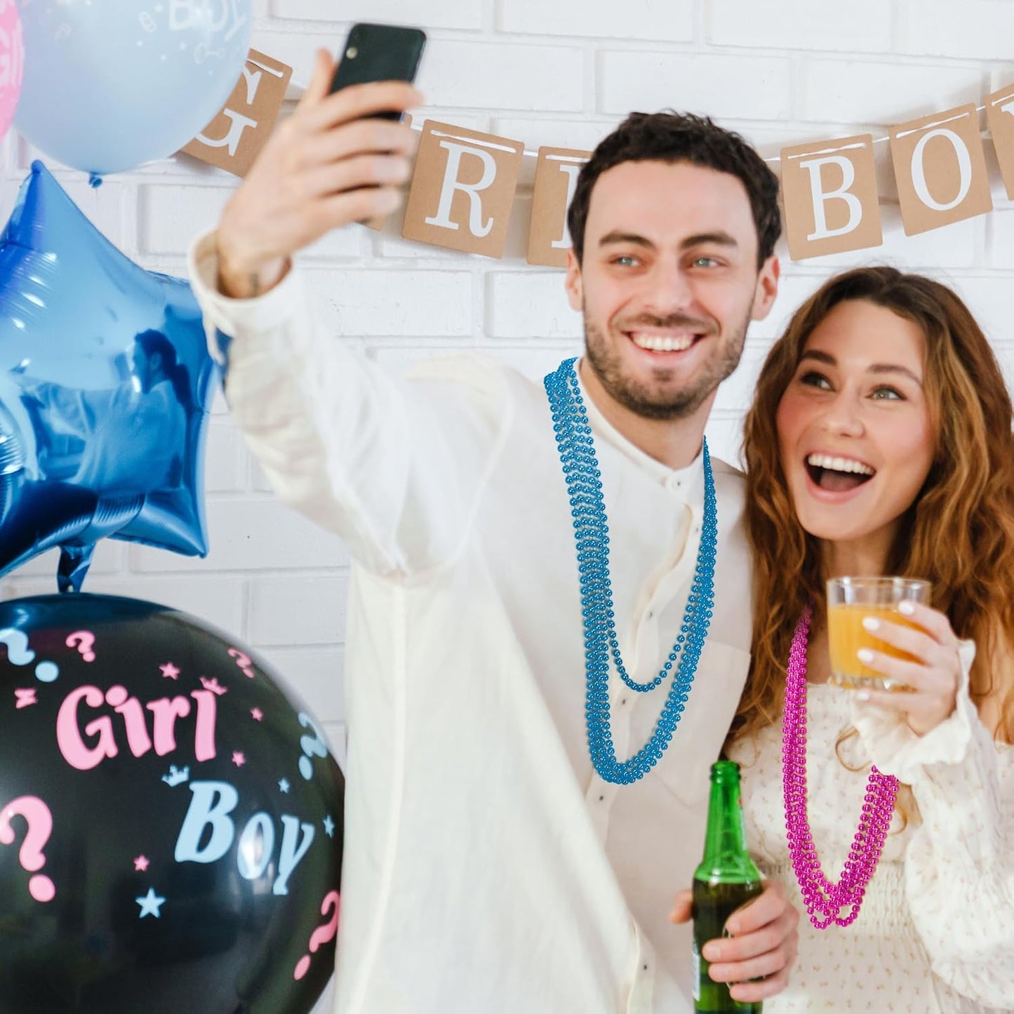 Gender Reveal Beads Decorations, 12PCS Pink Blue Gender Reveal Necklaces, 33" Round Beads Necklace Baby Gender Reveal Ideas, Boy or Girl Gender Reveal Party Accessories Sets Celebrations Decorations