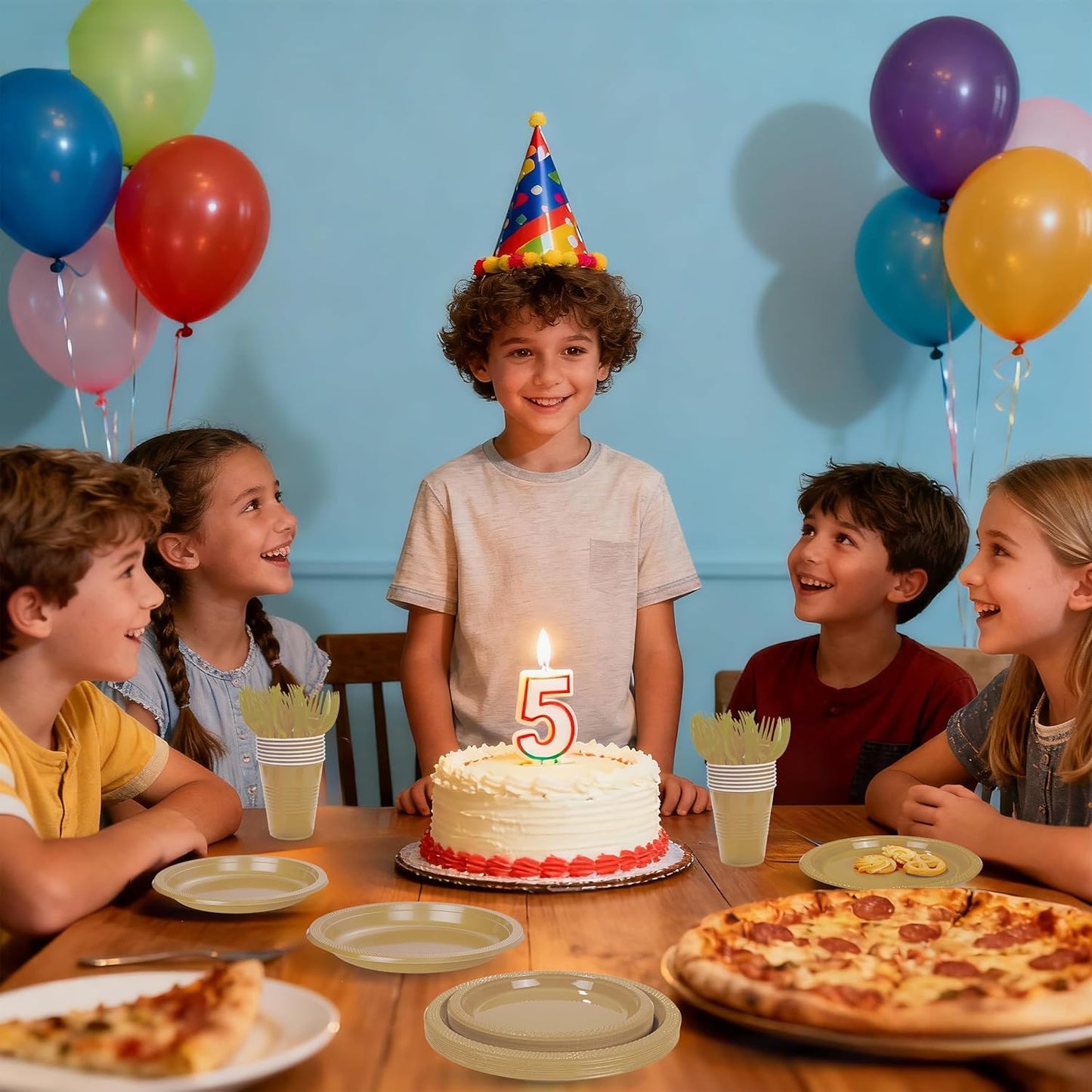 MirthMood 350PCS Gold Plastic Plates,Gold Disposable Plates –Plastic Plates Set Includes 50 Dinner,50 Dessert Plate,50 Cup&50 Napkins, 50 gold Silverware for Wedding& Parties& Birthday