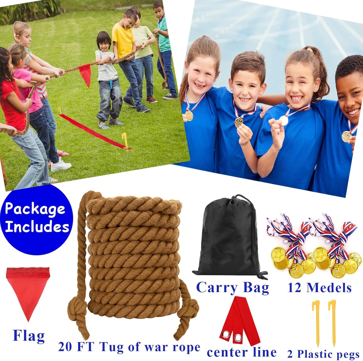 Outdoor Games Tug of War Rope for Kids and Adults, Field Day Family Reunion Birthday Party Games, Camping Picnic Games, Outside Yard Lawn Carnival Game, Fun for Team Building Activities, 20FT, Brown