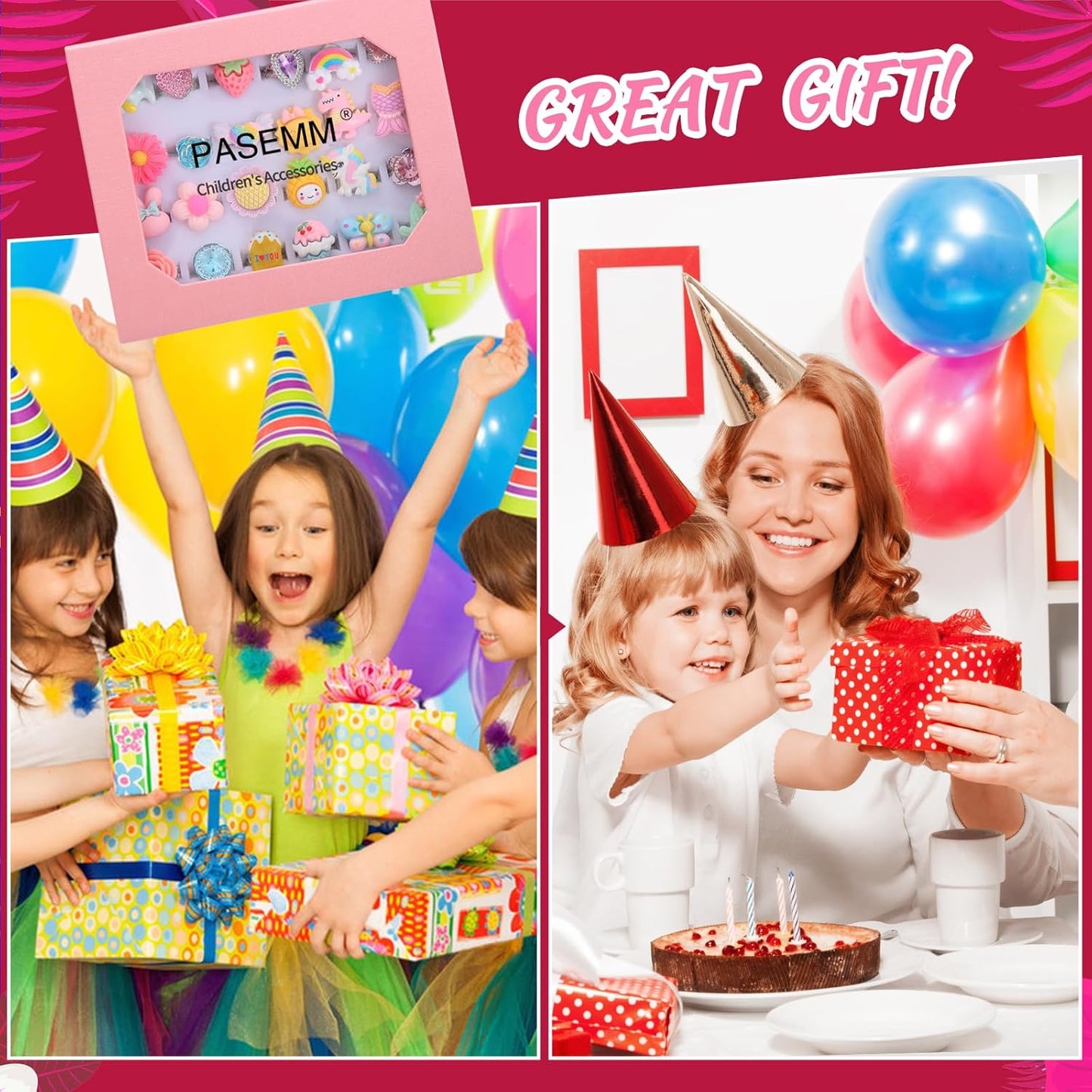 24pcs Little Girl Jewel Rings, Adjustable, No Duplication Kids Play Ring in Box,Pretend Play and Dress Up Rings for 4-12 Year Old Girl Birthday Christmas Holiday Gifts