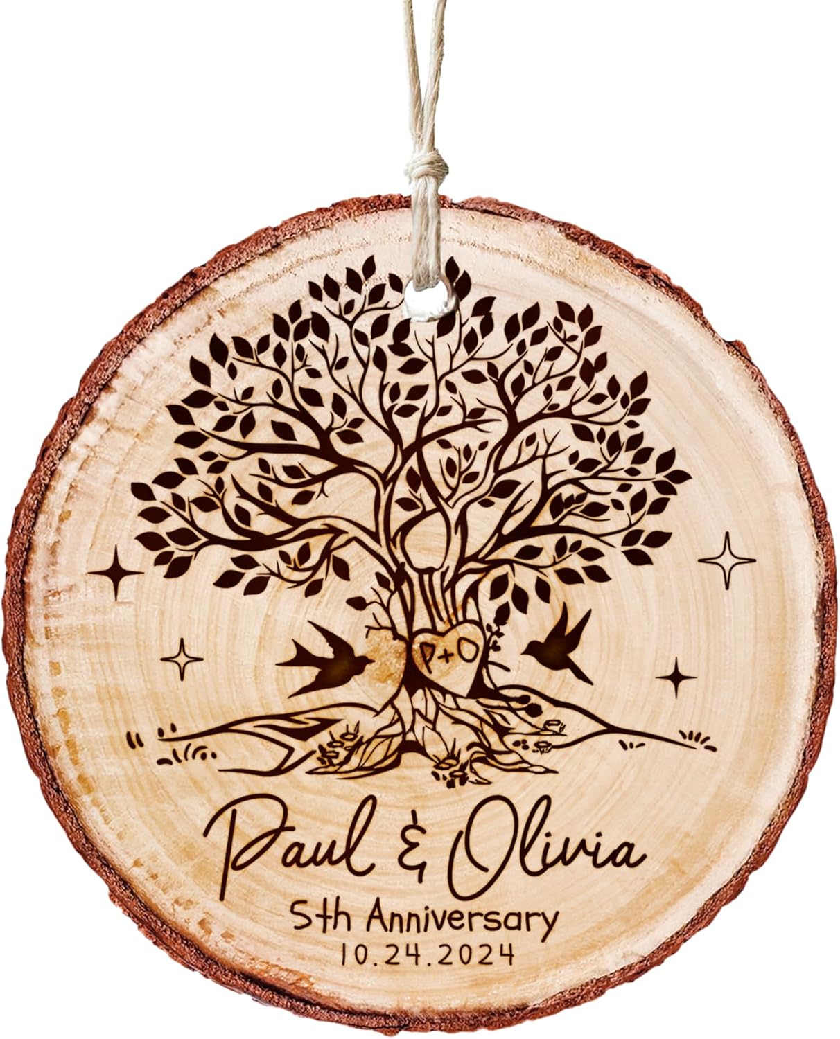Personalized 5th Anniversary Wooden Ornament - 5 Year Anniversary Wedding Gifts for Couples, 5th Wedding Keepsake for Christmas Decoration