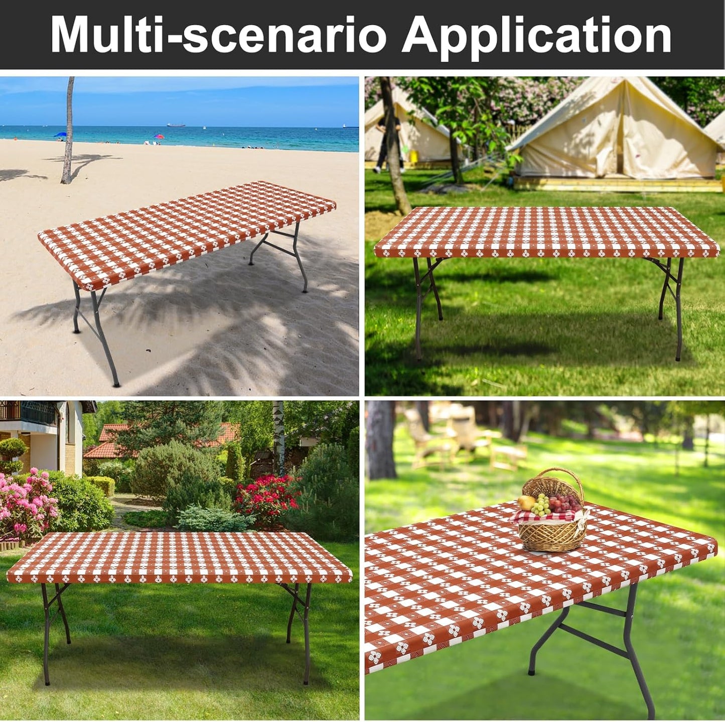 Rectangle Vinyl Table Cloth, Waterproof Elastic Fitted Tablecloth with Flannel Backing, Plastic Table Cover for Picnic, Camping, Outdoor (Rust & White, 30"x72")