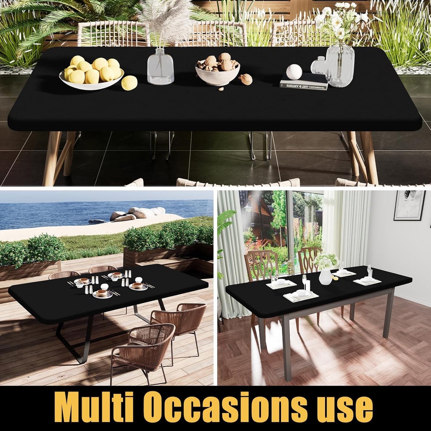 Smiry Rectangle Tablecloth, Elastic Fitted Flannel Backed Vinyl Tablecloths for 4ft Folding Tables, Waterproof Wipeable Table Covers for Indoor, Outdoor, Picnic and Camping (Black, 24"x48")