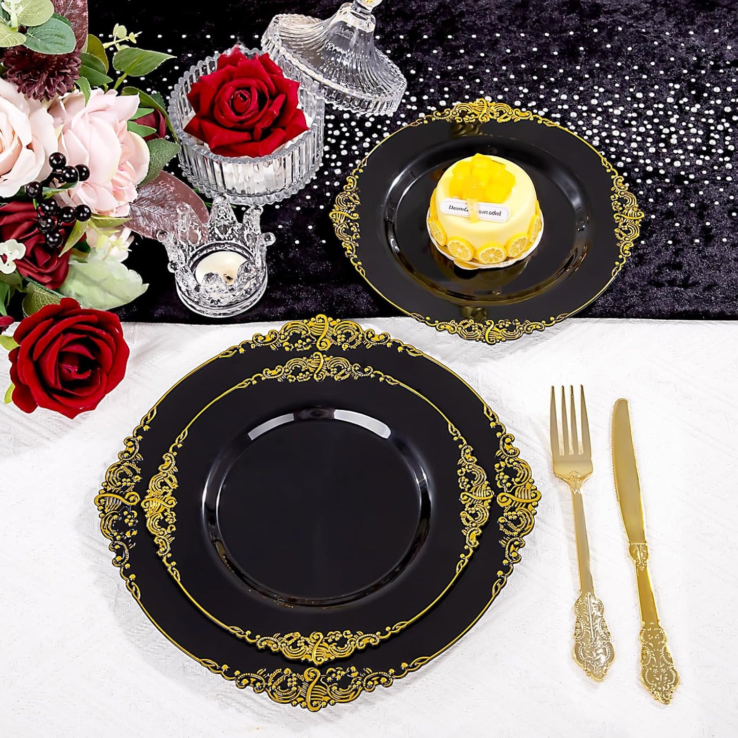 125PCS Black and Gold Plastic Plates - Black Disposable Dinnerware Set - Vintage Plastic Plates with Gold Silverware for 25 Guests for Wedding Party Halloween
