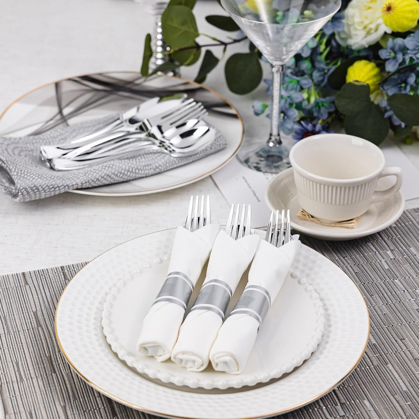 N9R 120 Pack Pre Rolled Silver Plastic Silverware Set, Wrapped Silverware Set Disposable with 120 Forks, 120 Knives, 120 Spoons, 120 Napkins, Disposable Cutlery Set for Party and Wedding