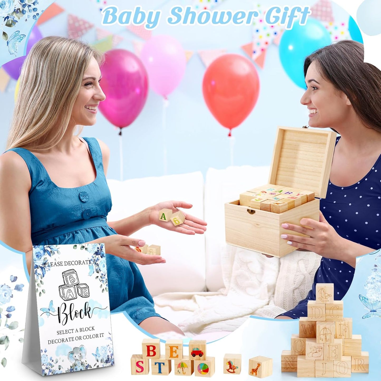 Marsui 136 Pcs Baby Shower Blocks to Decorate Game Kit Includes 98 Wooden Blocks, 36 Markers, 1 Game Sign, 1 Storage Box for Baby Shower Gender Reveal Activity Party Decorations(Blue Butterfly)