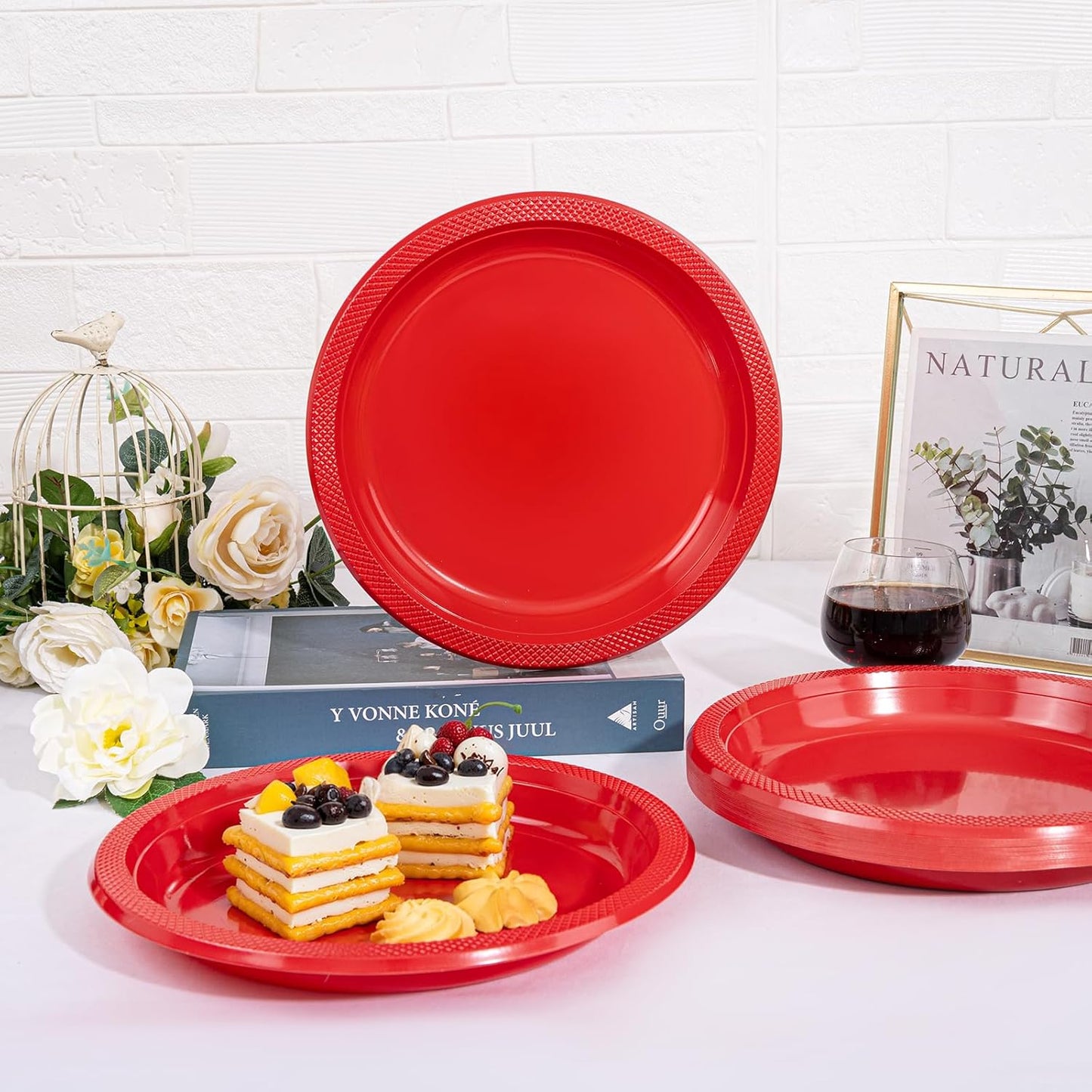WELLIFE Red Party Plates 10 Inch -150 Count, Plastic Disposable Plates for Dinner Party Easter Mother's Day