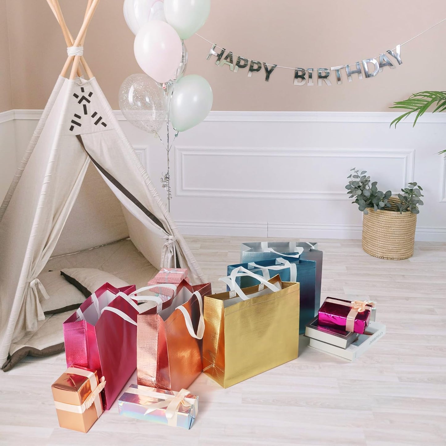 cabzymx 15 Pcs Multicolor Reusable Gift Bags Bulk with 5 Colors, 12.6x4.7x11 In Large Holiday Party Bags with Metallic Bling for Wrapping Gifts, Birthday, Wedding, Parties, Christmas