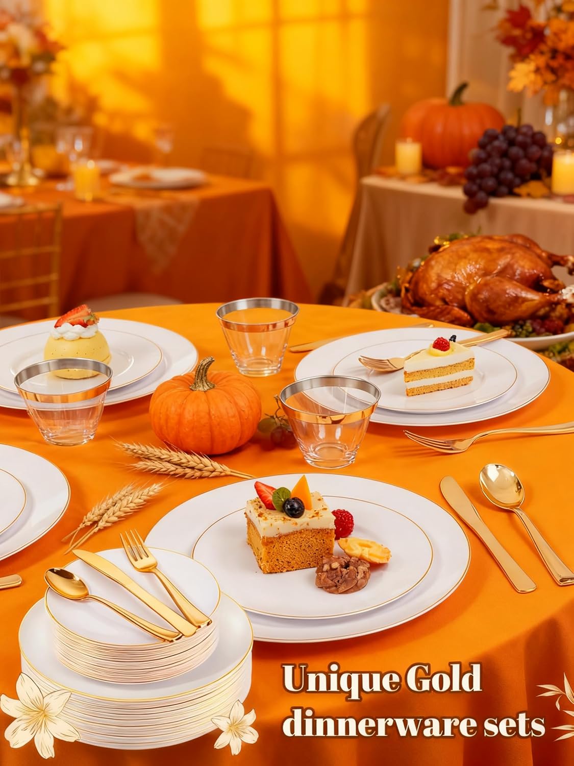 WDF 150Pcs White and Gold Plastic Plates - Gold Plates Disposable - 25guest Disposable Dinnerware Include 25 Dinner Plate, 25 Dessert Plate, 25 Cutlery & 25 9oz Cups for Wedding & Thanksgiving Party