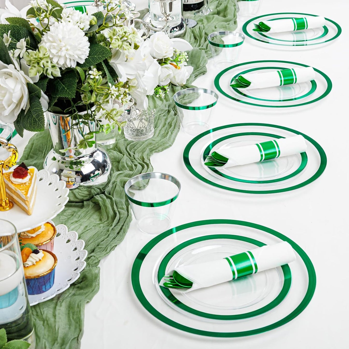I00000 210 Pcs Green Plastic Plates-St. Patrick's Day Green Dinnerware for Party, Include 30 Dinner and 30 Dessert Plates,30 Plastic Cups 9 OZ,30 Per Rolled Napkins with Cutlery for Party