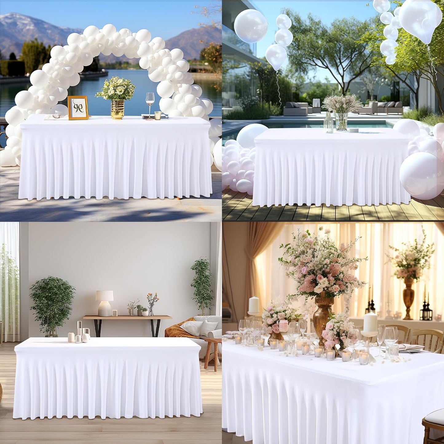6 Packs White Table Clothes for 6 Foot Rectangle Tables, One-Piece Wrinkle Resistant Stretch Spandex Table Covers with Skirt for Event Banquet Wedding Birthday Party