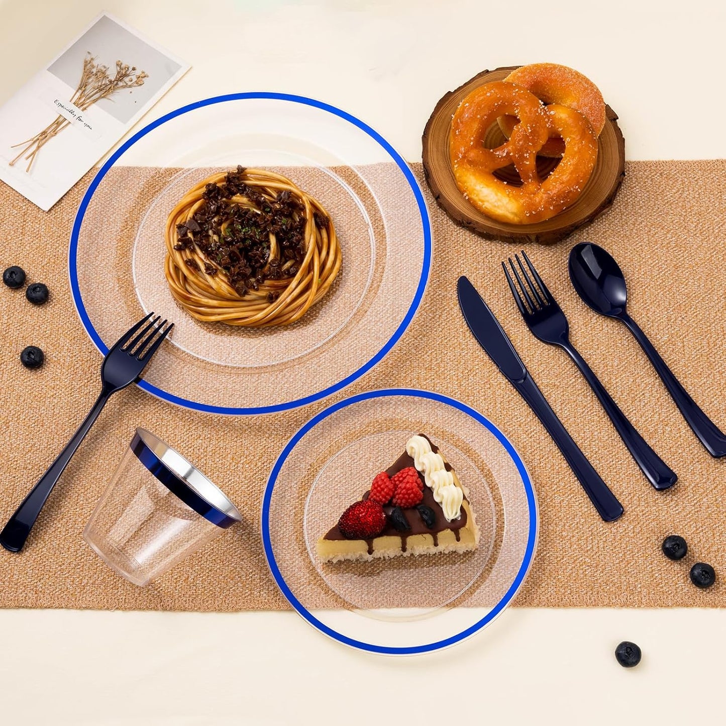 100PCS Blue and Clear Plastic Plates, Disposable Plate Set with 50 Dinner Plates and 50 Dessert Plates for Party, National Day, Memorial Day