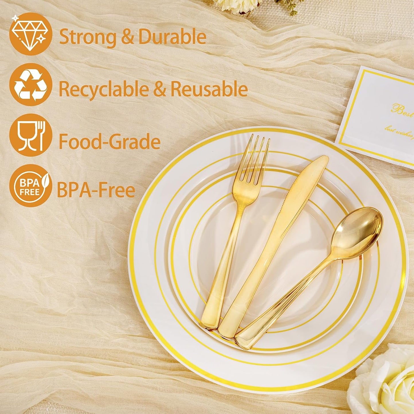 I00000 200 Pcs Gold and Ivory Plastic Plates, Ivory Disposable Party Plates Include 100 Dinner Plate 10’’ and 100 Plastic Dessert Plate 7’’ Perfect for Birthday, Party & Wedding