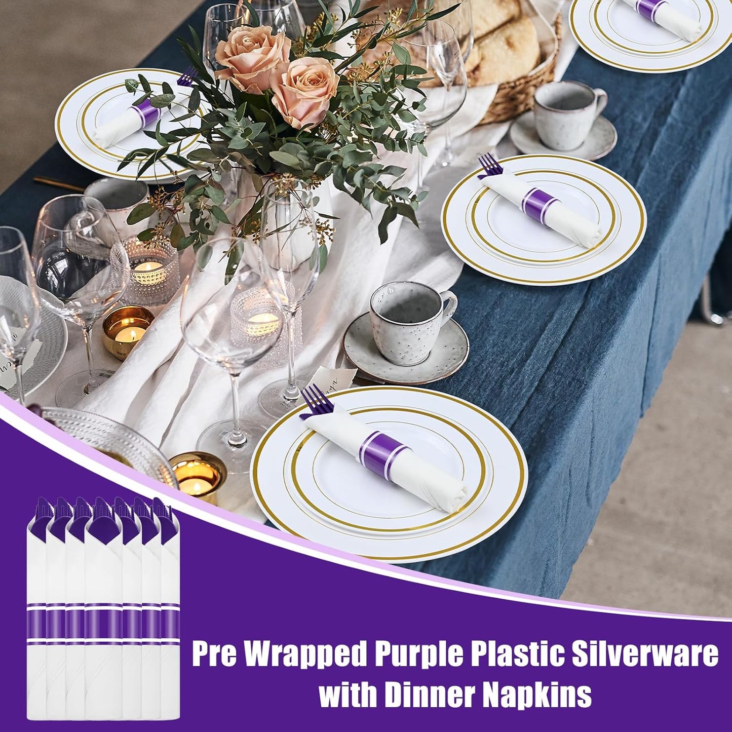 30 Pack Pre Rolled Purple Plastic Silverware with Napkins - Disposable Cutlery Set with Forks, Knives, Spoons & Linen-Like Dinner Napkins, Wrapped Plastic Utensils for Weddings, Parties & Events