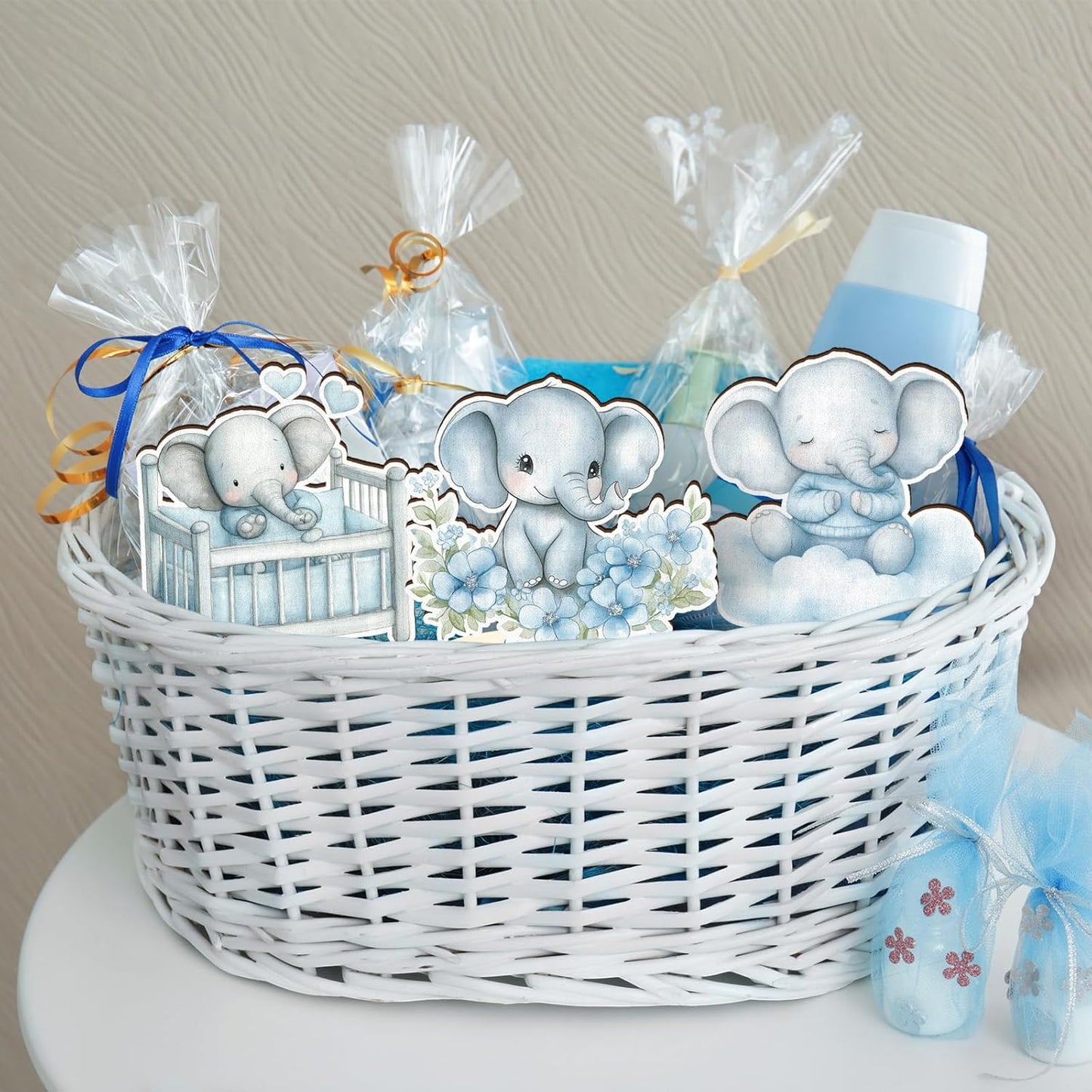 16 Pcs Wooden Baby Shower Table Centerpiece Blue Elephant Tabletop Detachable Sign It's A Boy Gender Reveal Table Toppers Display Decoration Elephant Birthday Photo Props Party Favor Supplies