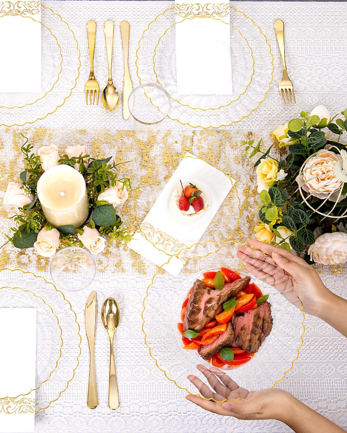 YOUBET 175PCS Gold Scalloped Plastic Plates - Clear and Gold Disposable Dinnerware Set Include 50 Plates, 75 Gold Silverware, 25 Cups, 25 Napkins for Party & Wedding & Thanksgiving