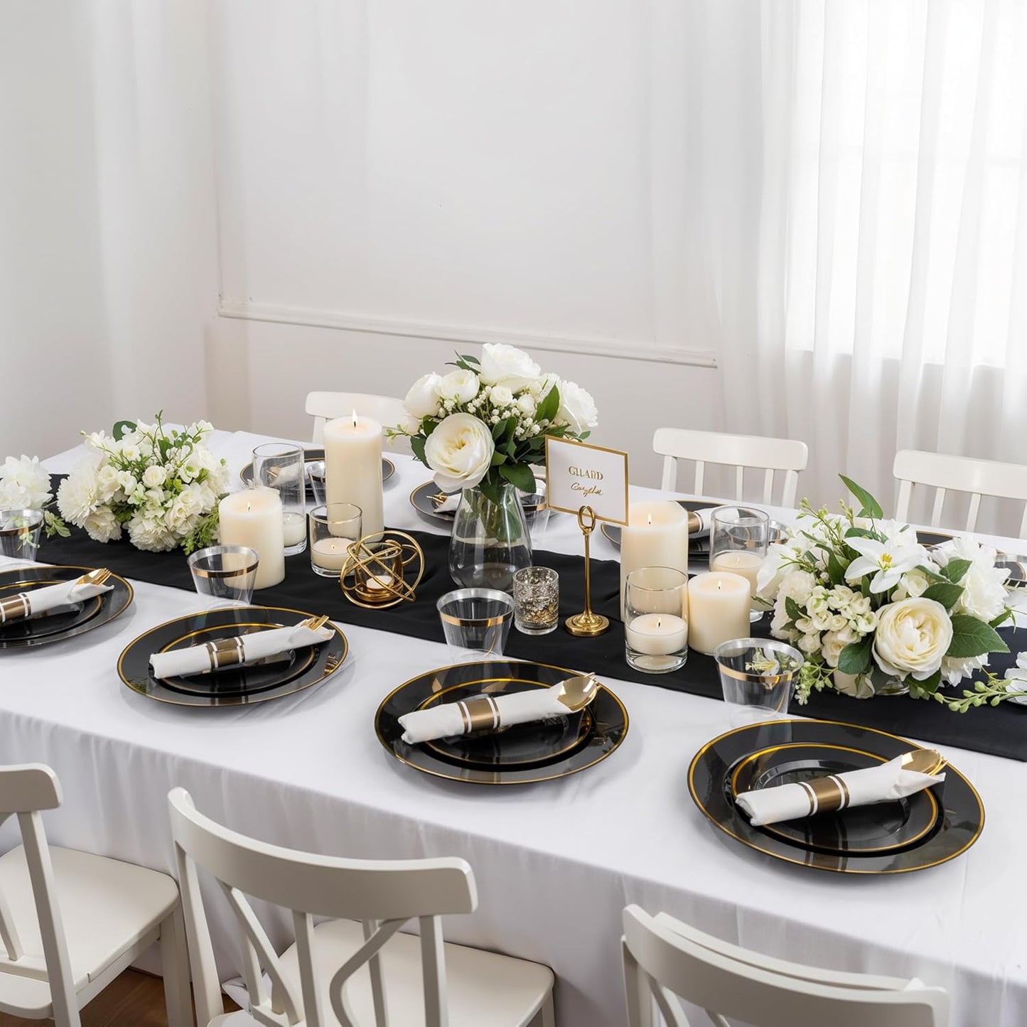 SUT 350 Pcs Black and Gold Plastic Dinnerware Set for 50 Guests, Include: 50 Dinner Plates, 50 Dessert Plates, 50 Pre Rolled Napkins With Silverware, 50 Cups, Disposable Plates for Party