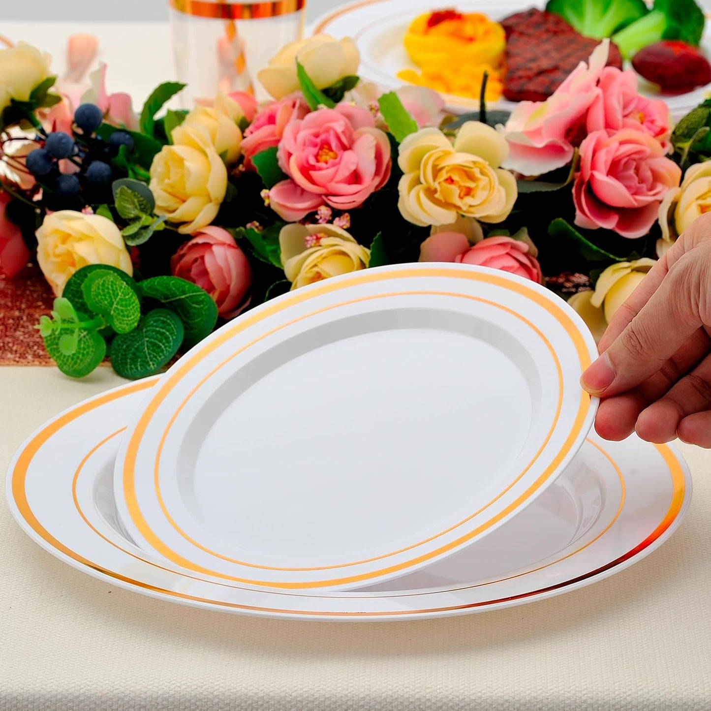 700 PCS Rose Gold Plastic Plates for 100 Guests, Rose Gold Disposable Dinnerware Sets Include 100 Dinner&Salad Plates, 100 Silverware Set, 100 Napkins, 100 Cups