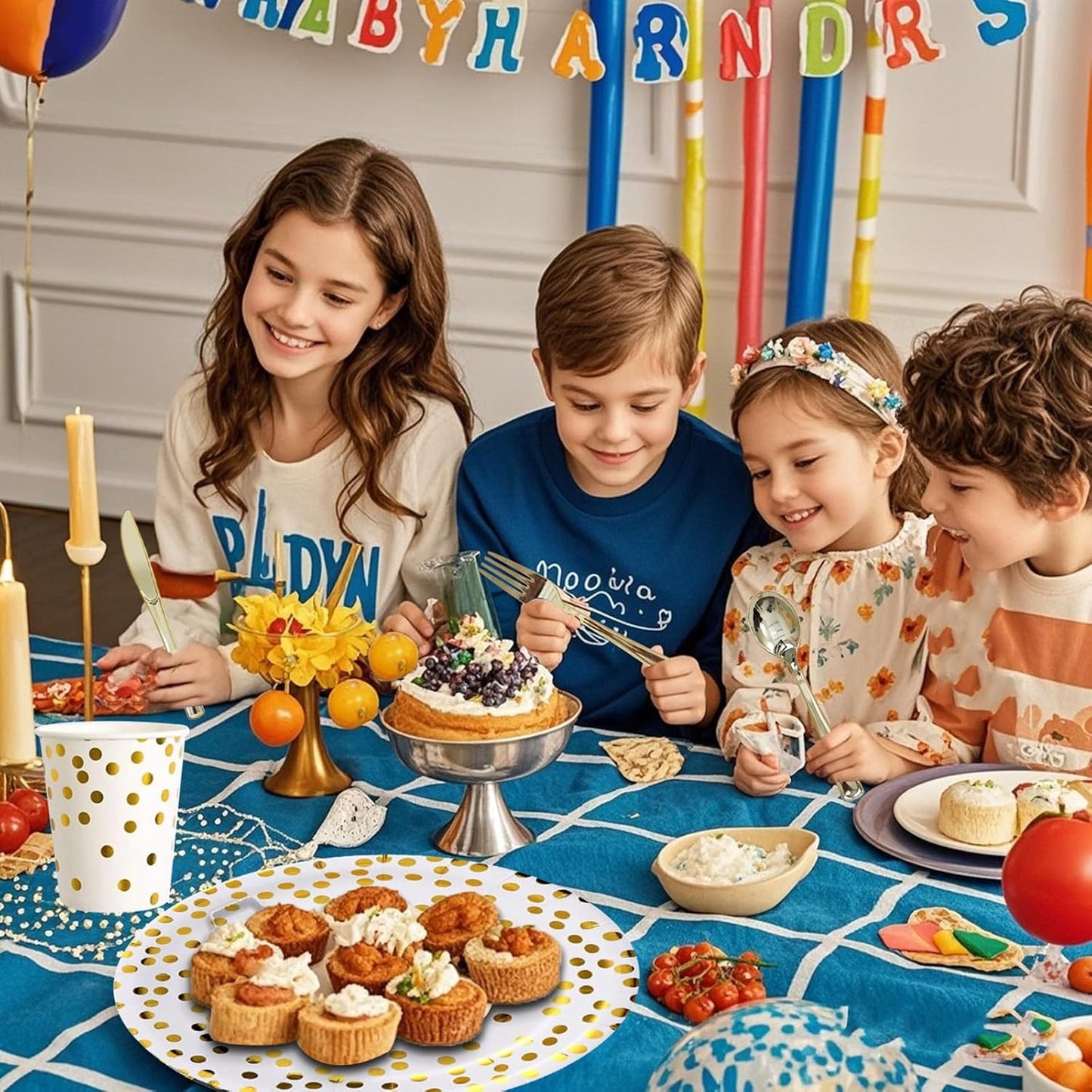 175pcs Premium White Gold Paper Plates Napkins Cups and Plastic Forks Kinves Spoons Party Supplies Set For 25 Guests